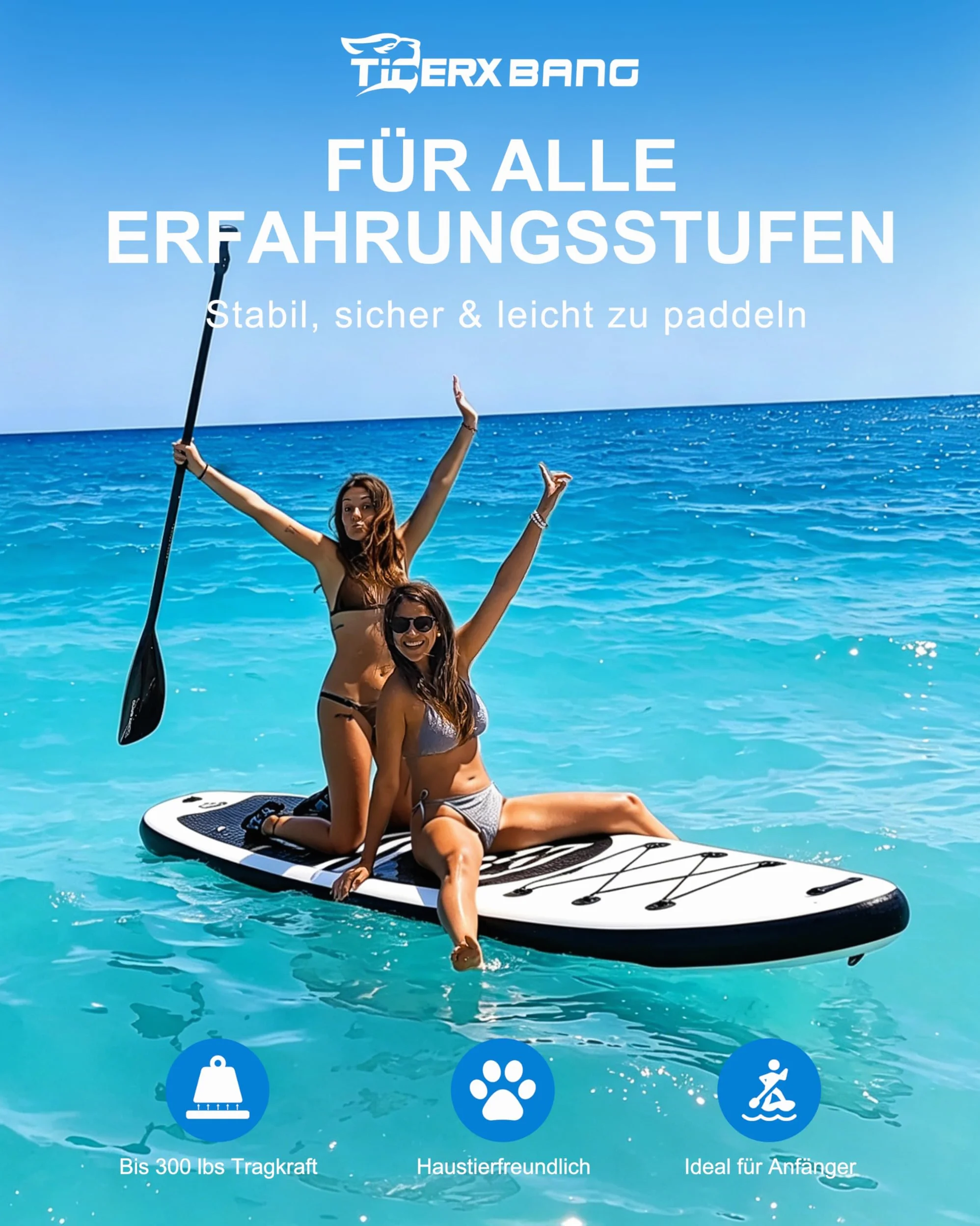 TIGERXBANG Tabla hinchable de surf de remo de 320 x 82 x 15 cm, Black Tiger Collection SUP con asiento de kayak, doble remo y accesorios, juego completo para adultos y niños