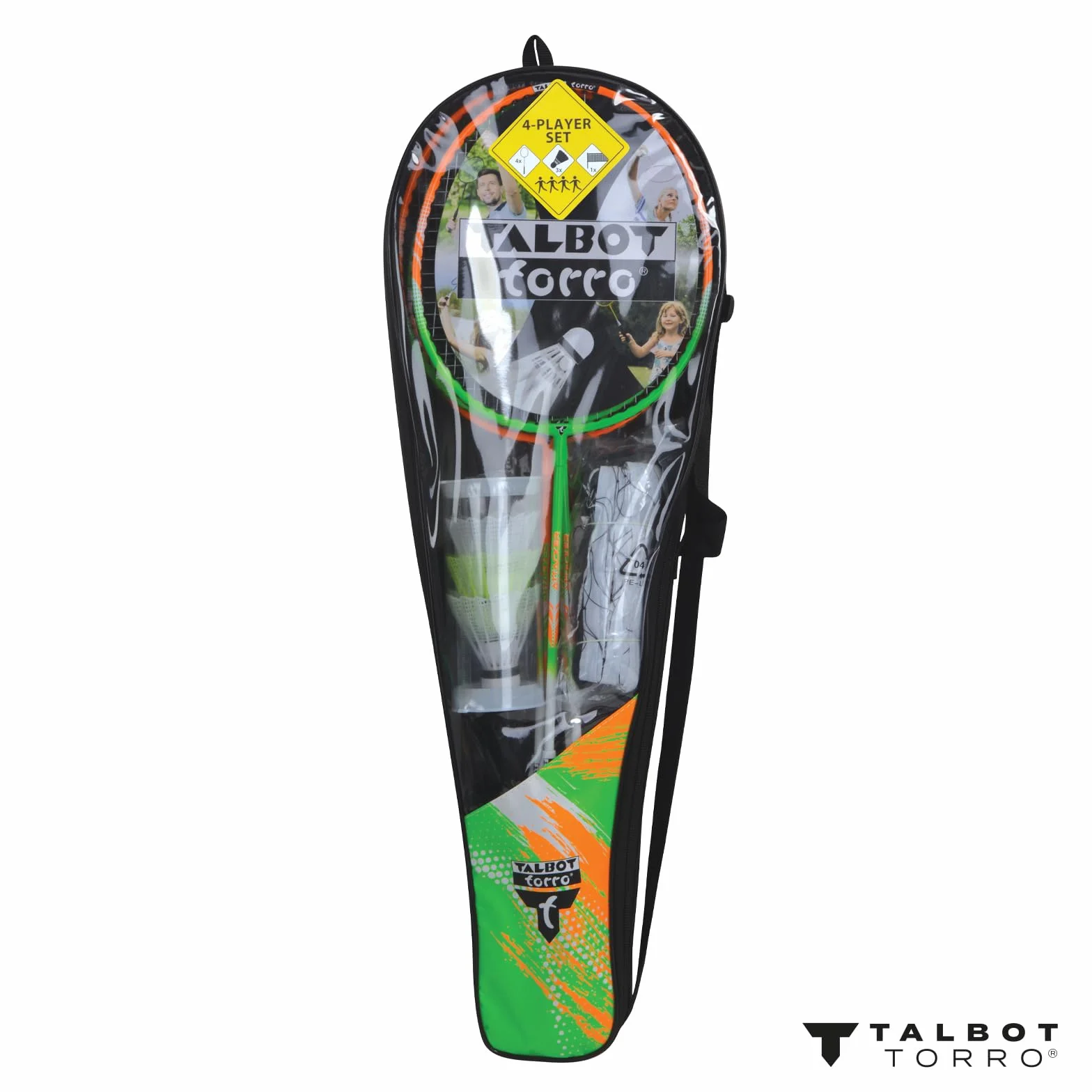 Talbot Torro Set de Badminton 4-Attacker Plus, 4 Raquetas, 3 Volantes, Red Completa