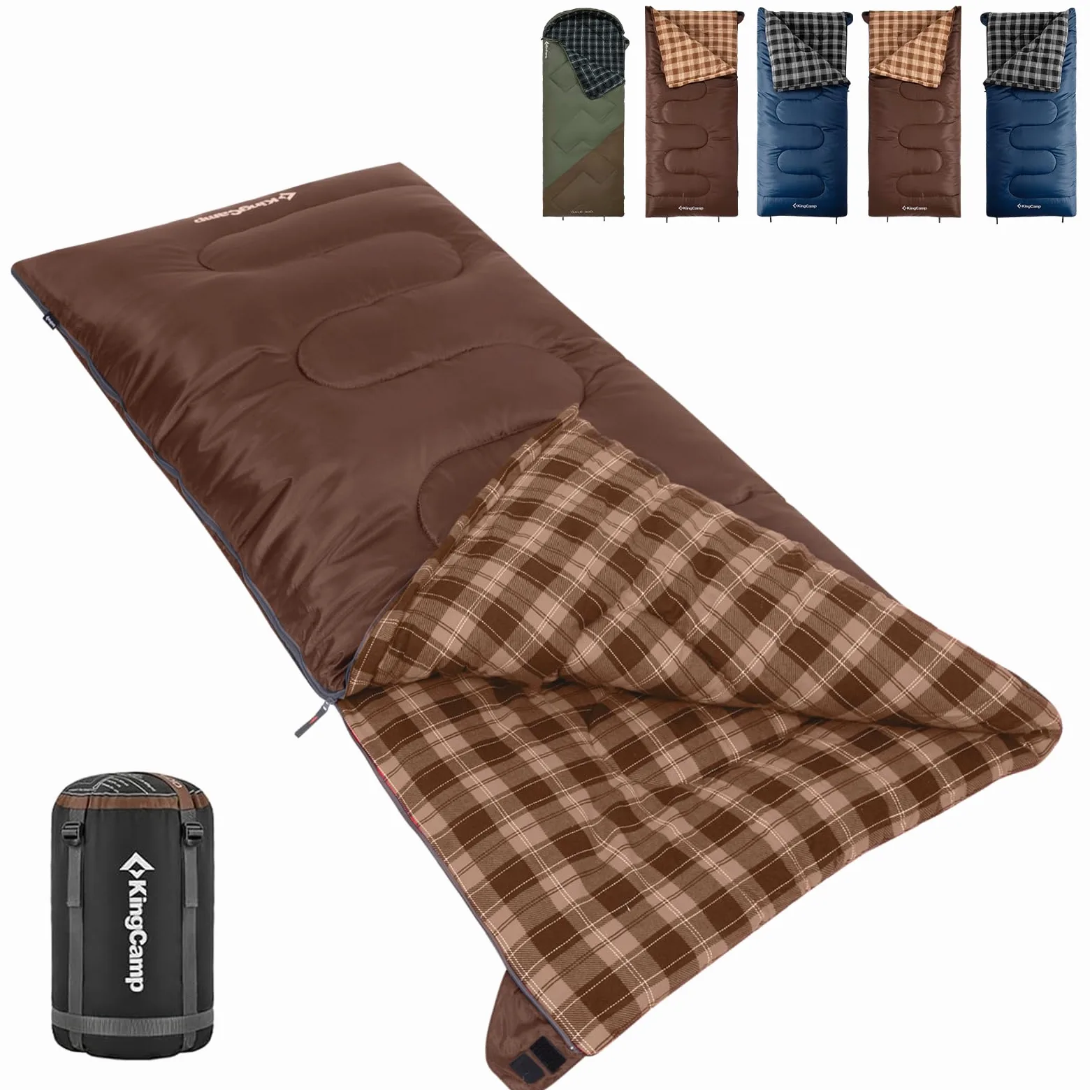 KingCamp - Saco de Dormir de Franela de algodón, Sacos de Dormir Grandes y Altos para Adultos, Clima frío, Cremallera Juntos para Saco de Dormir 2P para 3 Estaciones, Ligero, Resistente al Agua, para