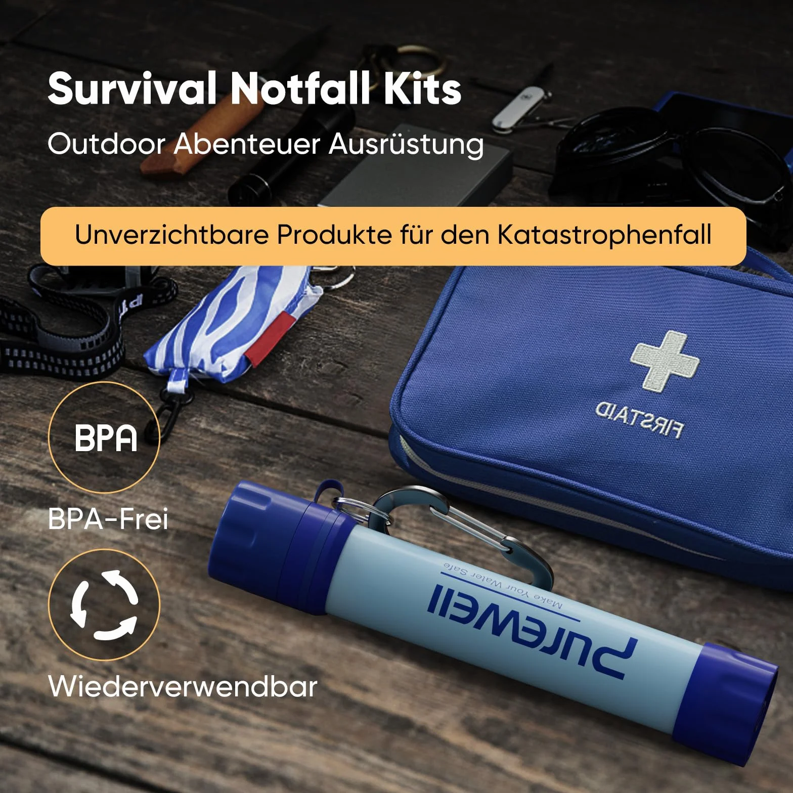 Purewell Filtro de agua personal 1500L Filtro de agua para exteriores Elimina el 99,102% de los contaminantes, trekking, viajes de aventura y preparación para emergencias