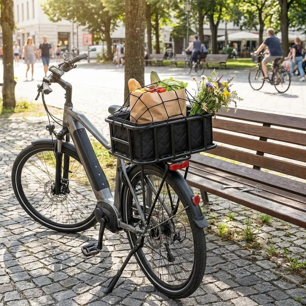 QWORK® Cesto Bicicleta Trasero, Gran cesto Metal con Red de Carga y Forro, para la mayoría de Bicicletas y Bicicletas eléctricas