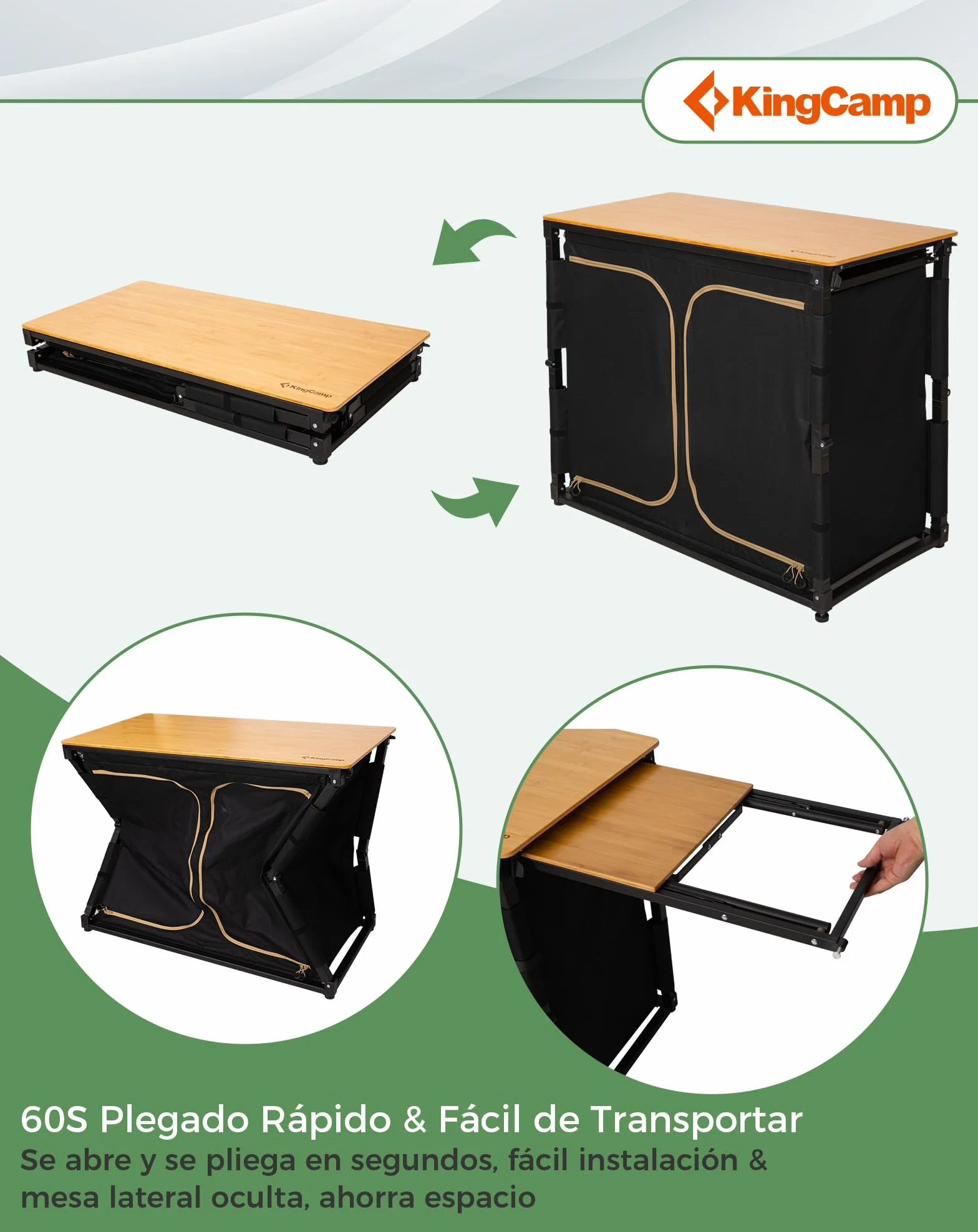 KingCamp Cocina de Camping con Fregadero – Cocina Exterior bambú/Aluminio, Mueble Plegable con Soporte lámpara, Almacenamiento y Protector Viento, Ideal para Camping, Picnic y Barbacoa