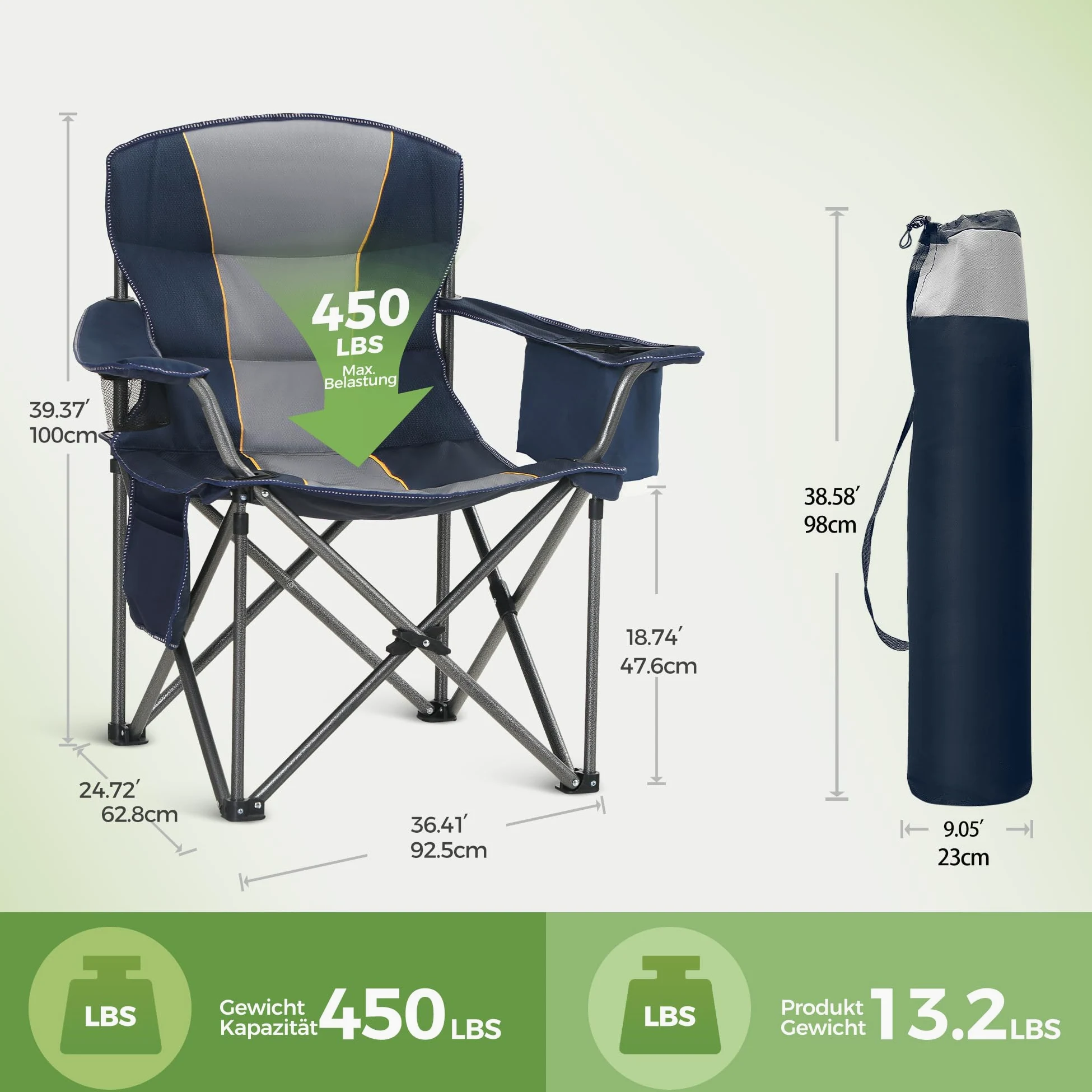 LET'S CAMP Silla de camping plegable de gran tamaño, hasta 200 kg | Con soporte para bebidas, bolsa isotérmica, silla plegable de exterior de Oxford 600D