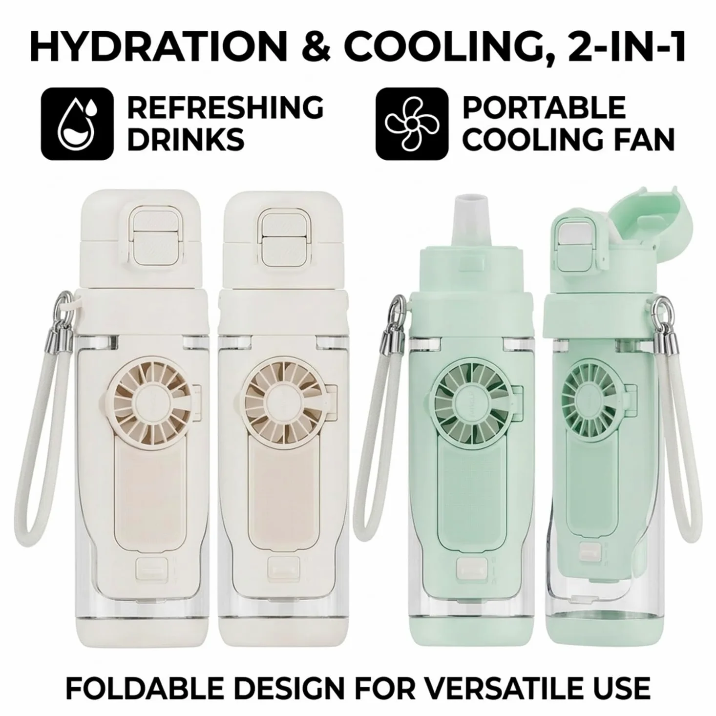 Botella de agua 2 en 1 con ventilador plegable integrado, botella de agua de refrigeración portátil de 690 ml con ventilador de 3 velocidades, popote a prueba de fugas y tapa de boquilla para viajes