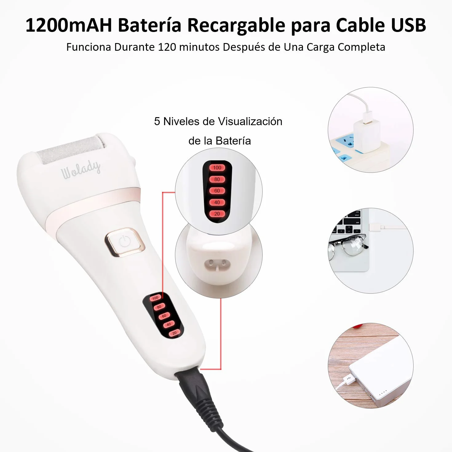 Wolady Lima Electrica Pedicura Profesional Recargable IPX7 Impermeable 1200MAH 2 Velocidades
