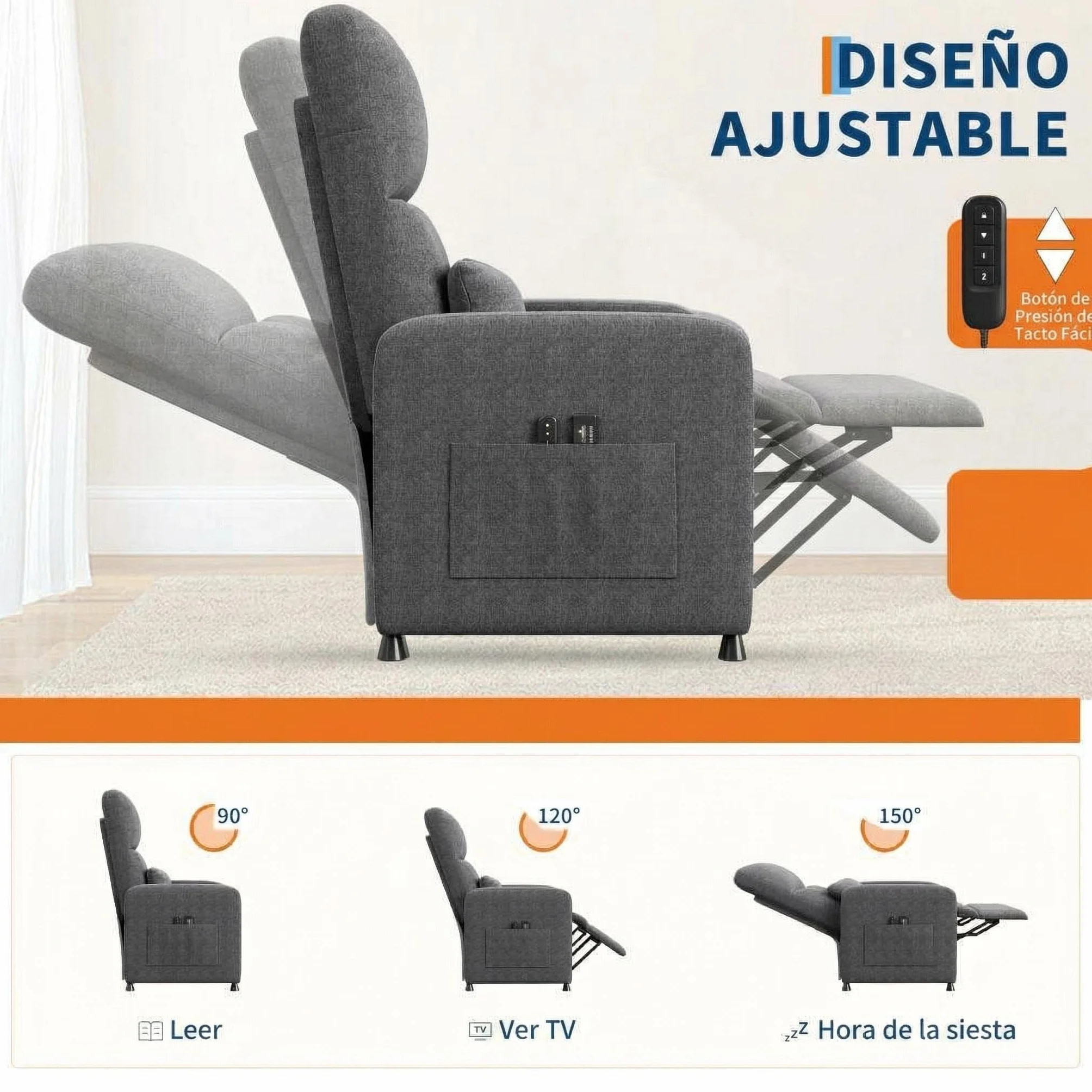 GarveeLife Sillón Reclinable Eléctrico con Masaje y Calor Lumbar, Ajustable, Tela de Lino, Gris