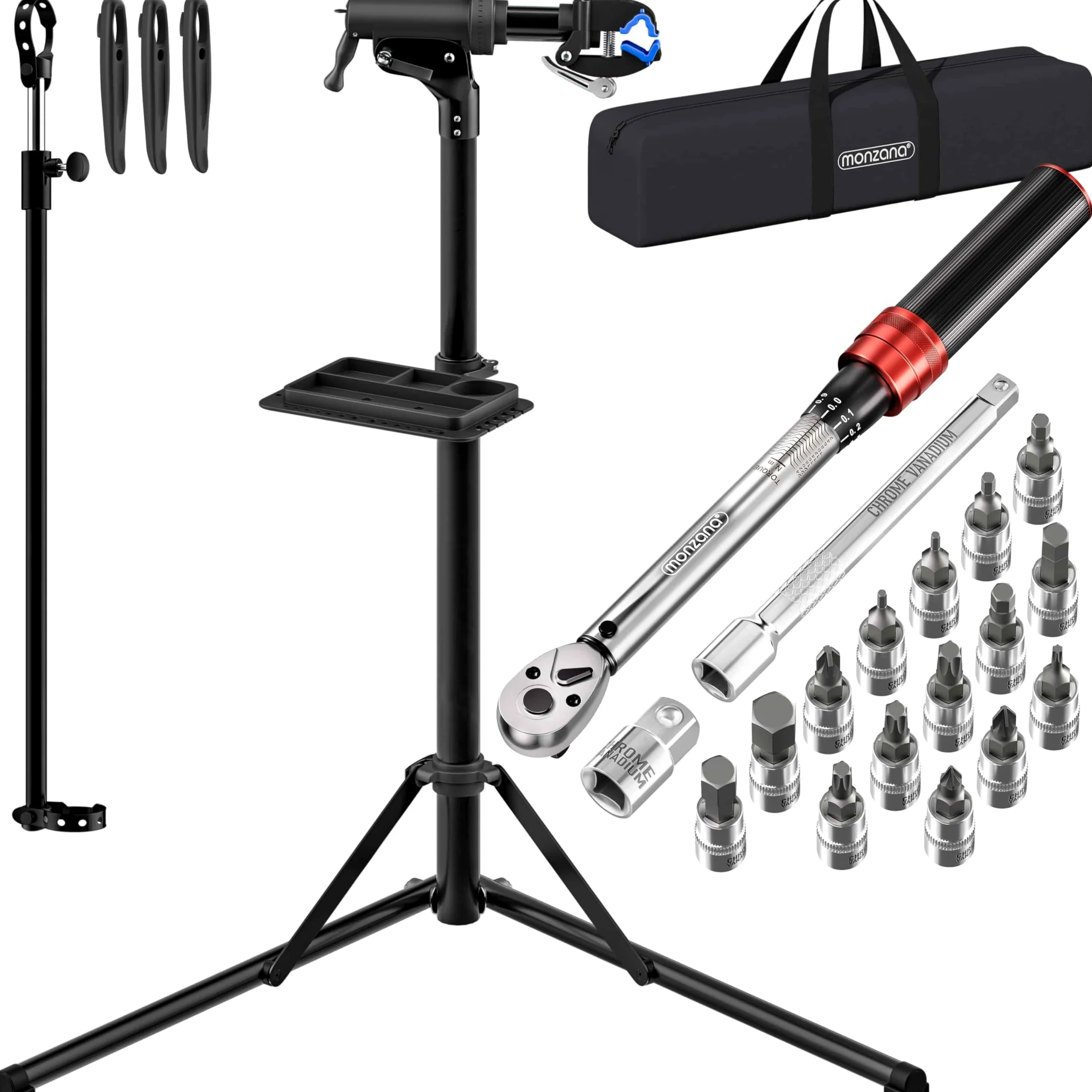MONZANA® Caballete Reparación Bicicleta 50 kg Altura Regulable Plegable Set Llave Dinamométrica 1/4 Pulgadas Soporte Manillar Bolsa Transporte