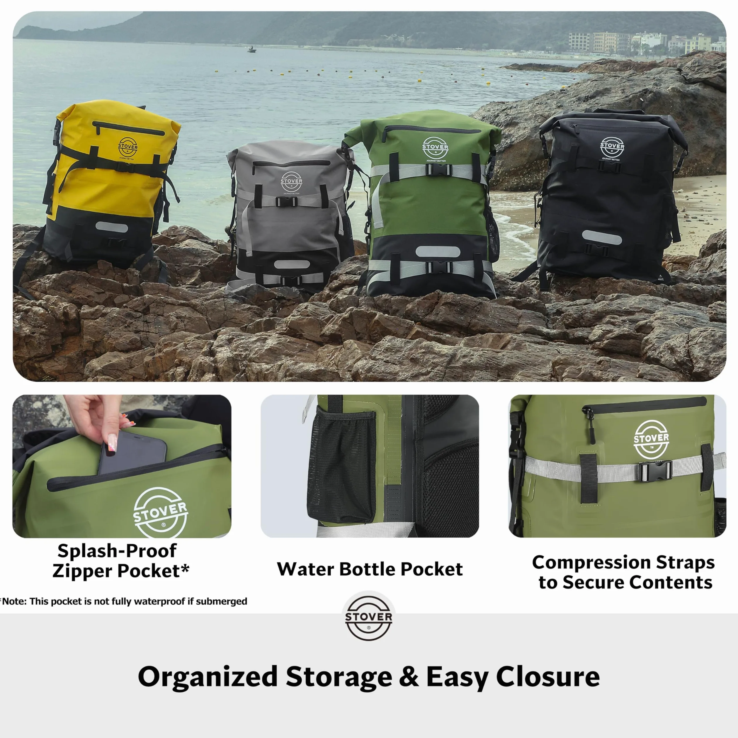 STOVER Bolsa seca impermeable de 25/30/40/55 L, mochila seca resistente con parte superior enrollable para kayak, canotaje, camping, hombres y mujeres, Verde, 40L US, Bolsa seca