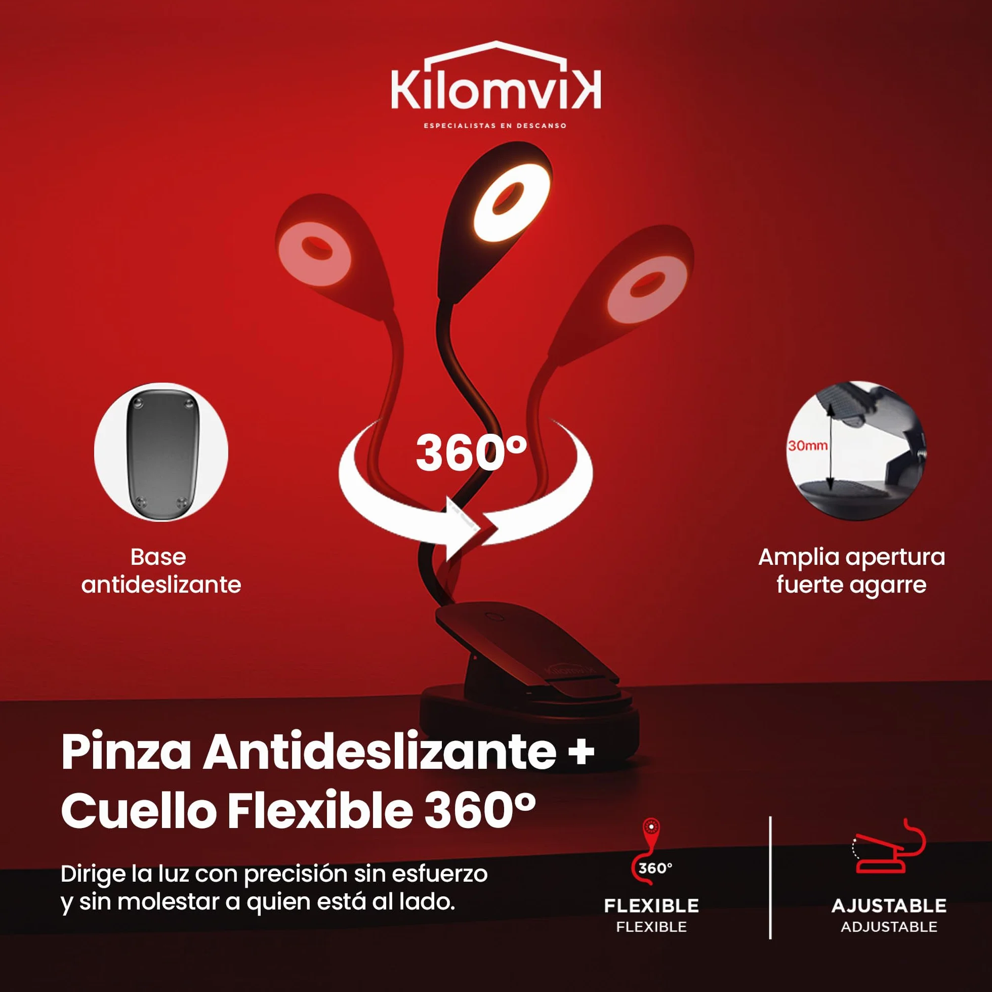 Lámpara Luz Roja Nocturna Melatonina 0% Luz Azul Sin Flicker Recargable USB 3 Intensidades Pinza Cuello Flexible 360°