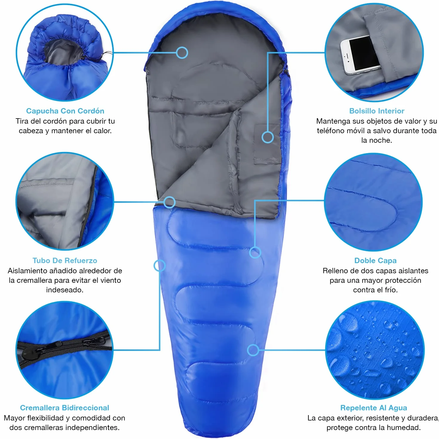 Active Era Saco de Dormir 200 cm x 80 cm 300gr - Resistente al Agua, Relleno de Doble Capa, Cálido con Capucha y Cordón. Saco de Dormir Ultraligero Todas Las Estaciones, Adultos y Niños