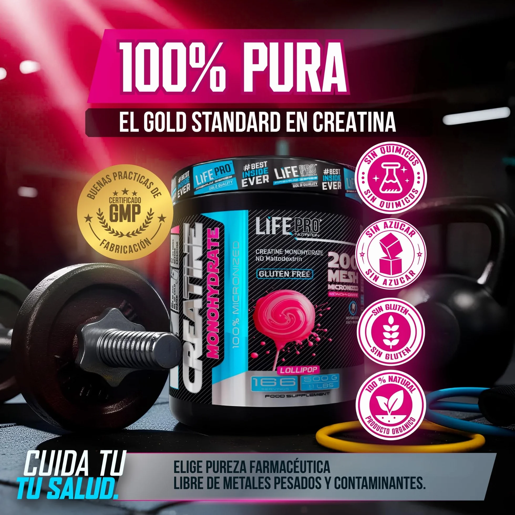 Life Pro Creatina Monohidratada 200 Mesh Micronizada, 99.9% Pureza, 500g