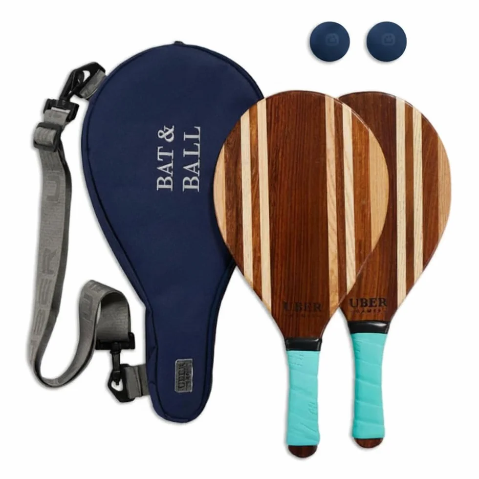 Ubergames Frescobol Set de madera – Baquetas de tenis de playa con 2 bolas y bolsa de lona – Juego de playa para adultos y niños