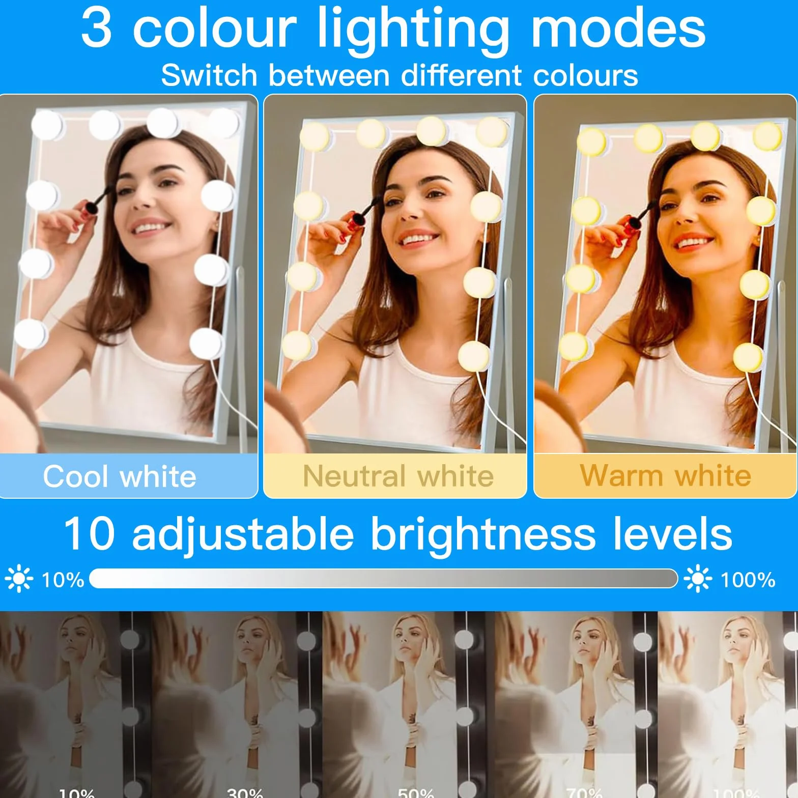 Luz de Maquillaje LED con 12 Bombillas Regulables, 3 Modos de Color para Tocador
