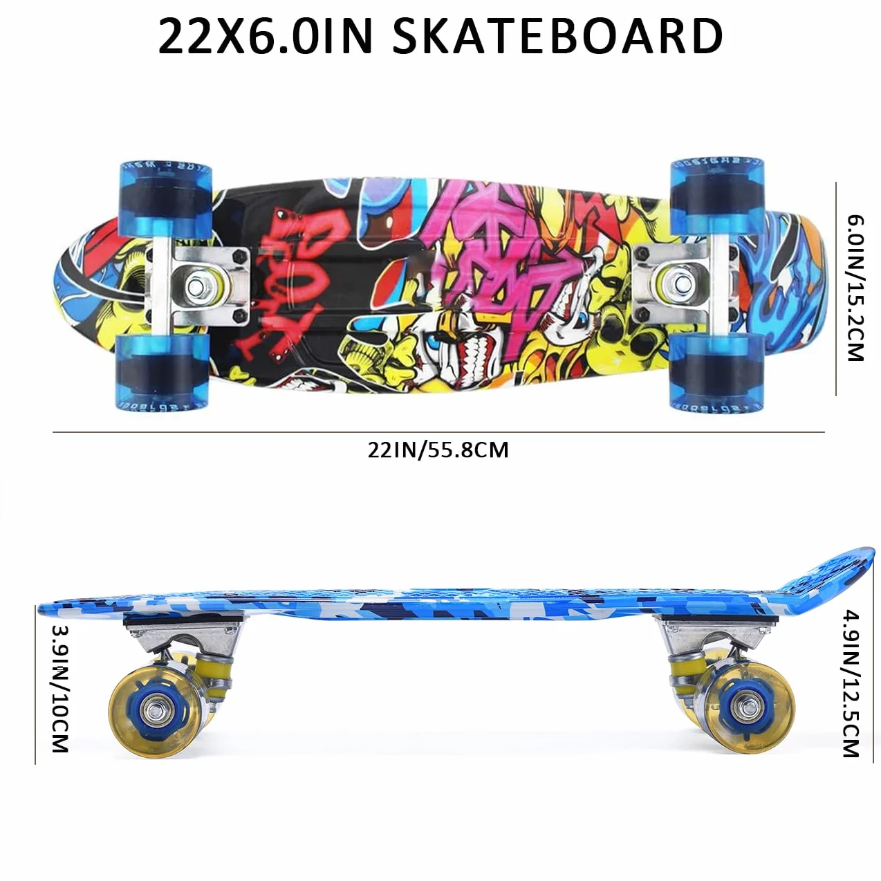ERNAN Skateboard Complete 22 Inch Mini Cruiser Rodamientos ABEC-7 Ruedas 78A PU Light Up