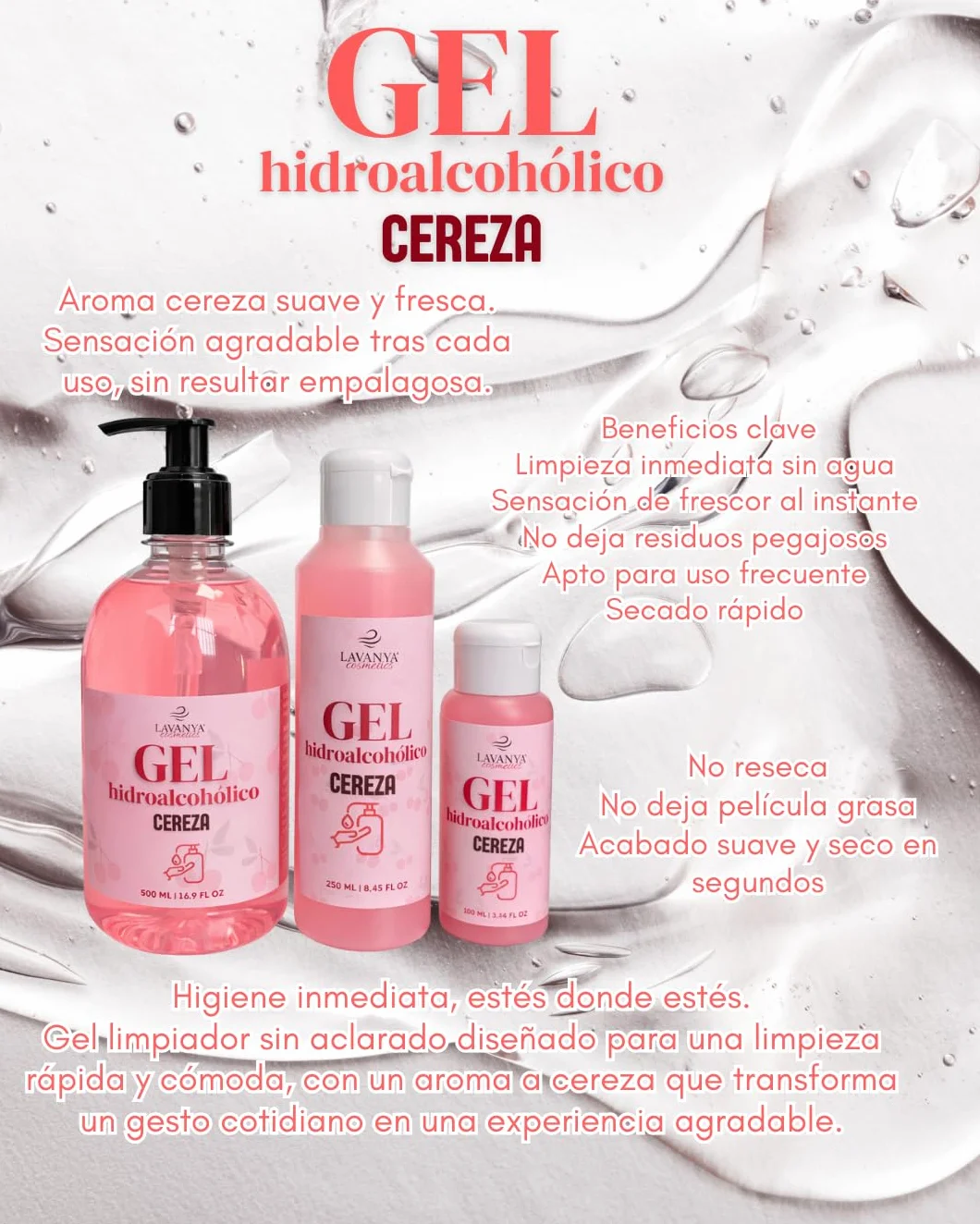 Gel Hidroalcohólico Lavanya Aroma Cereza 500 ml con Dosificador – Antibacterial Manos