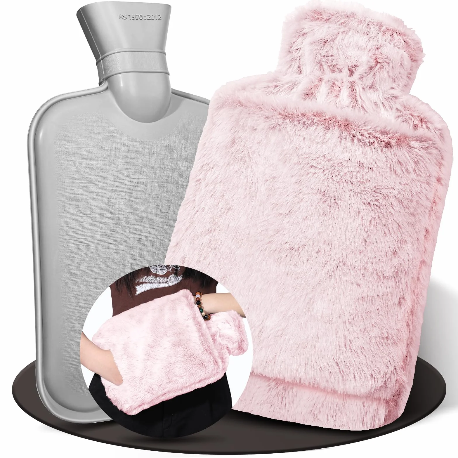 Bolsa De Agua Caliente 2L Con Funda Peluche, A Prueba De Fugas, Mantiene Calor (Rosa)