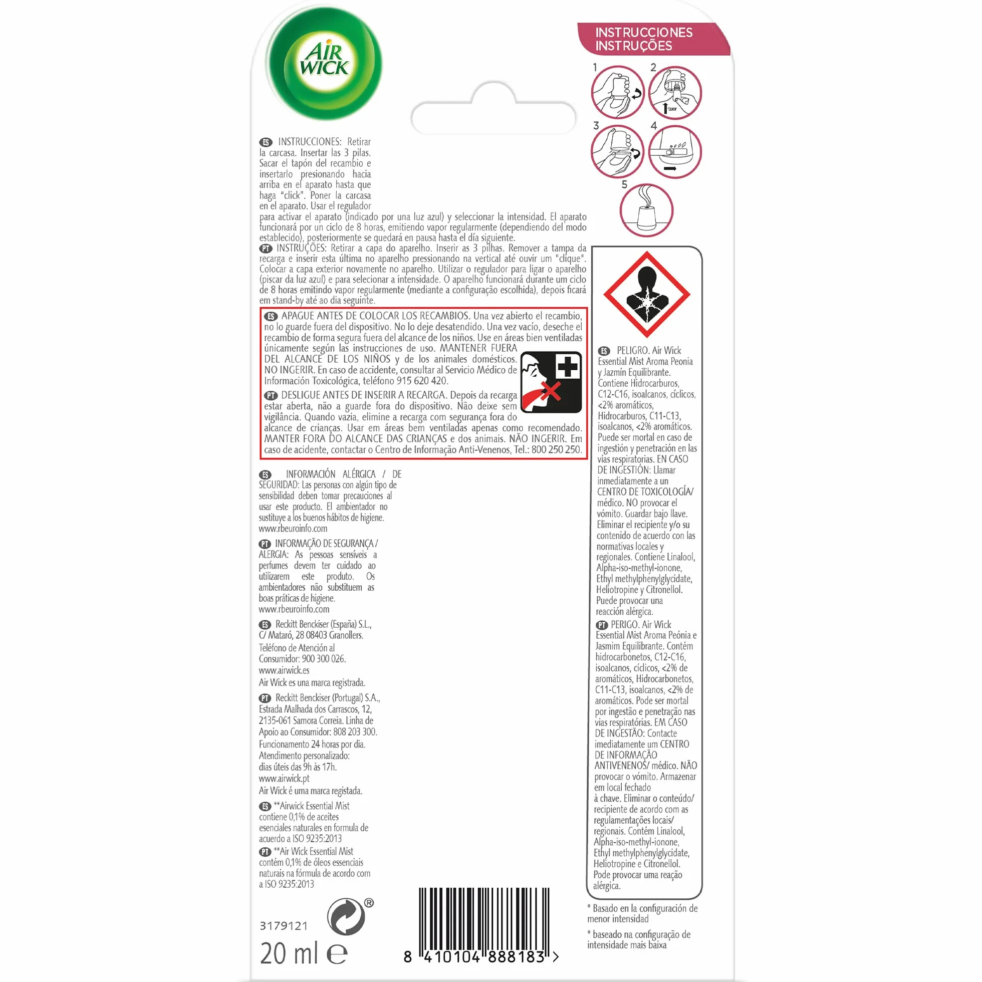 Air Wick Essential Mist Recambio Ambientador Difusor Aceites Esenciales Peonia Jazmín 3x20ml