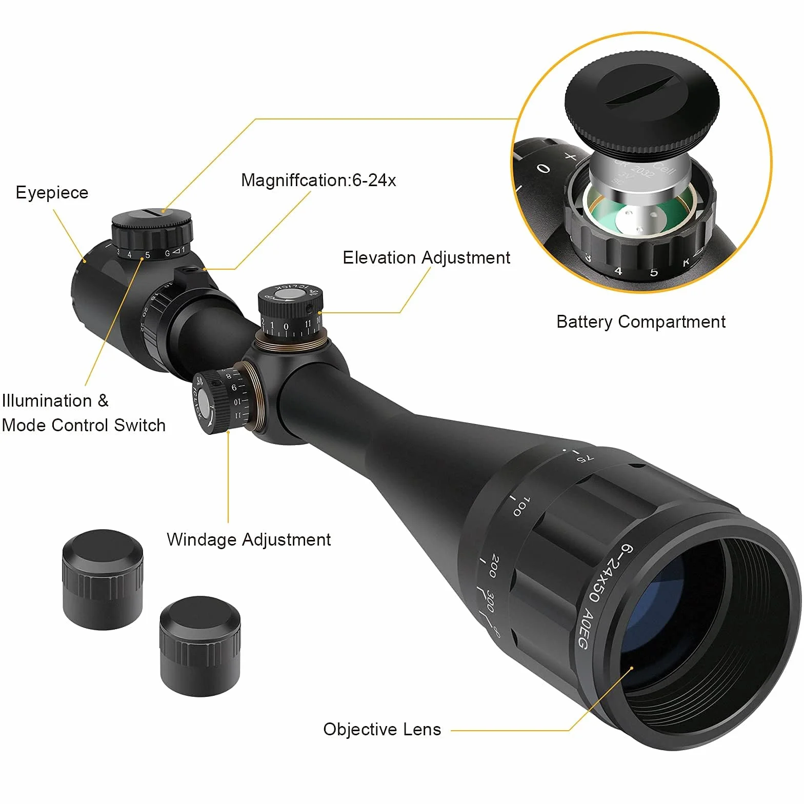 Feyachi RFS-21 Visor TELESCÓPICO, 6-24x50mm Retícula en Forma de Cruz Montar Scope Únicamente para Actividades Deportiv (Montura 22mm)