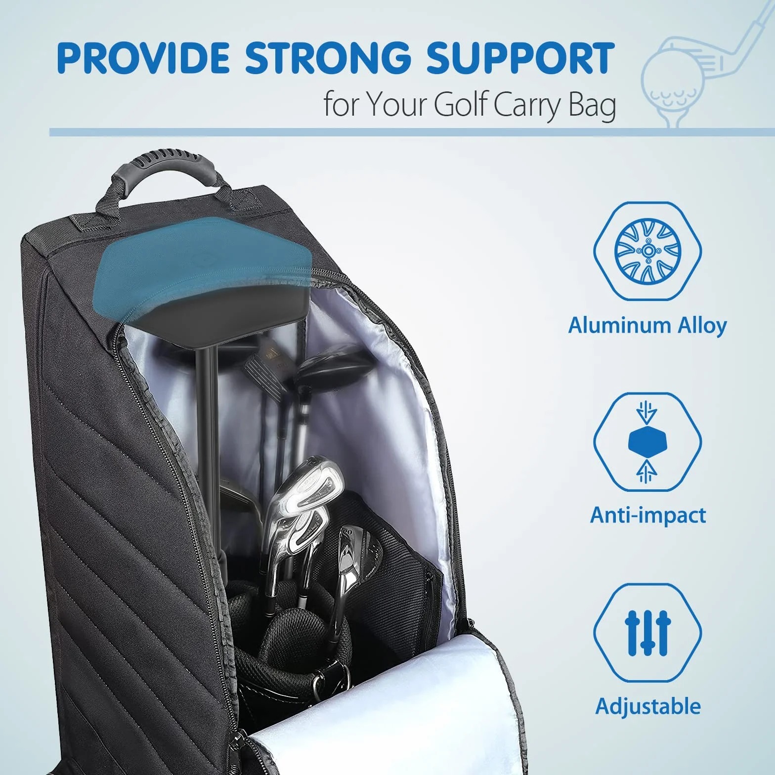 Rhino Valley Palo de Soporte para Bolsa de Viaje de Golf, Poste de Aleación Aluminio Ajustable Retráctil Ligero con Funda Sistema de Protección Varilla de Soporte para Bolso de Golf