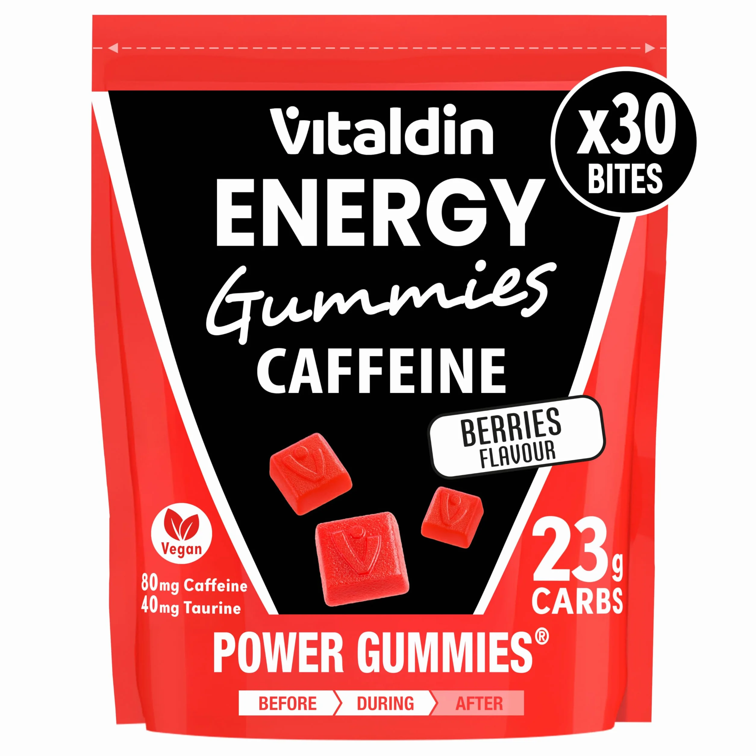 VITALDIN SPORT Power Gummies Caffeine & Taurine 80 mg Cafeína 40 mg Taurina Vitamina B6 30 Bites Sabor frutos rojos Vegano