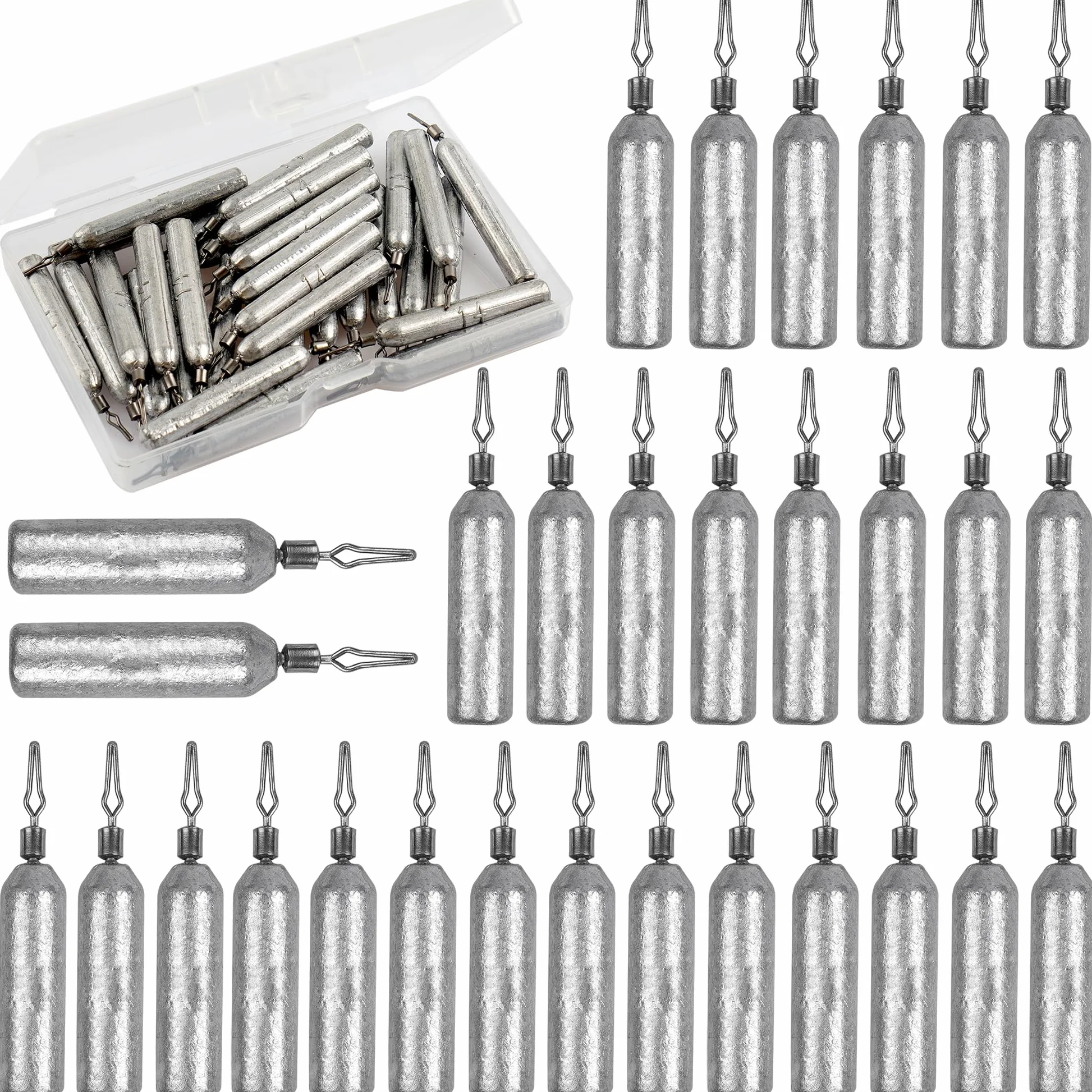 Paquete de 30 plomos de pesca con pivotes rodantes, plomos delgados, con forma de lápiz, peso de deriva, bajo derecho, cilindro extraíble para pesca de gato (20 g, 30 unidades)