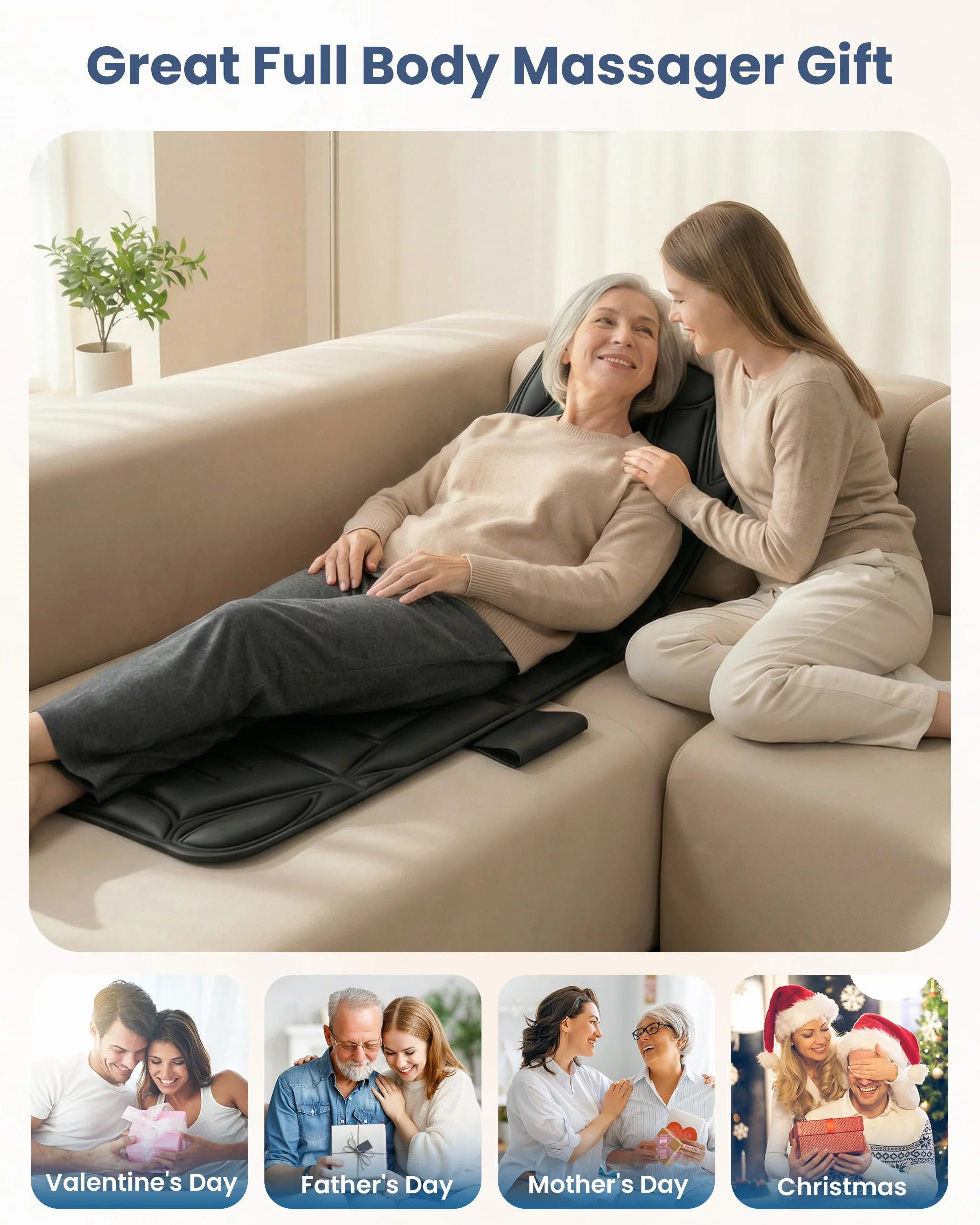 COMFIER Colchoneta de Masaje Cuerpo Completo con Calor, 10 Motores, 5 Modos, Apagado Automático