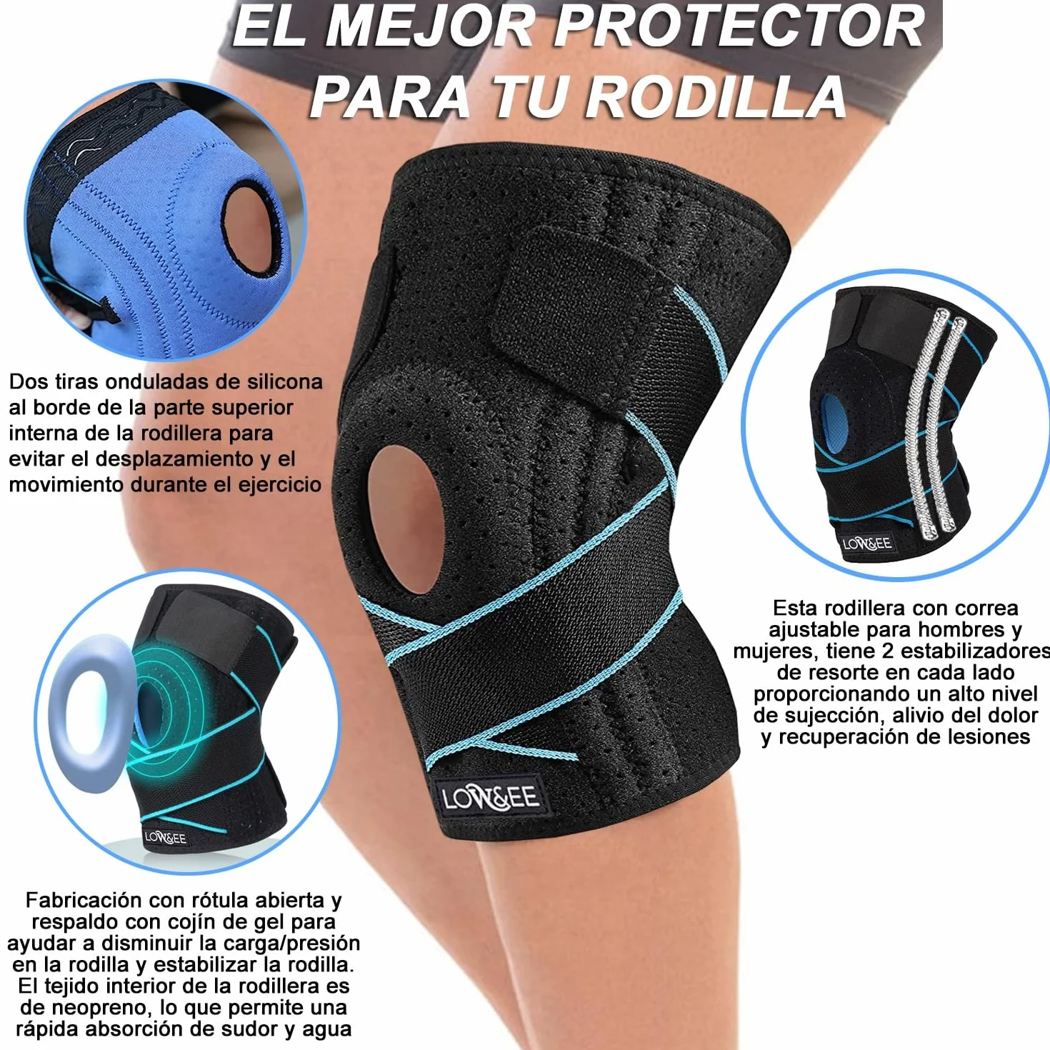 Rodilleras Deportivas Ajustables LOW&EE® Menisco y Ligamento Neopreno con Silicona Negro Azul
