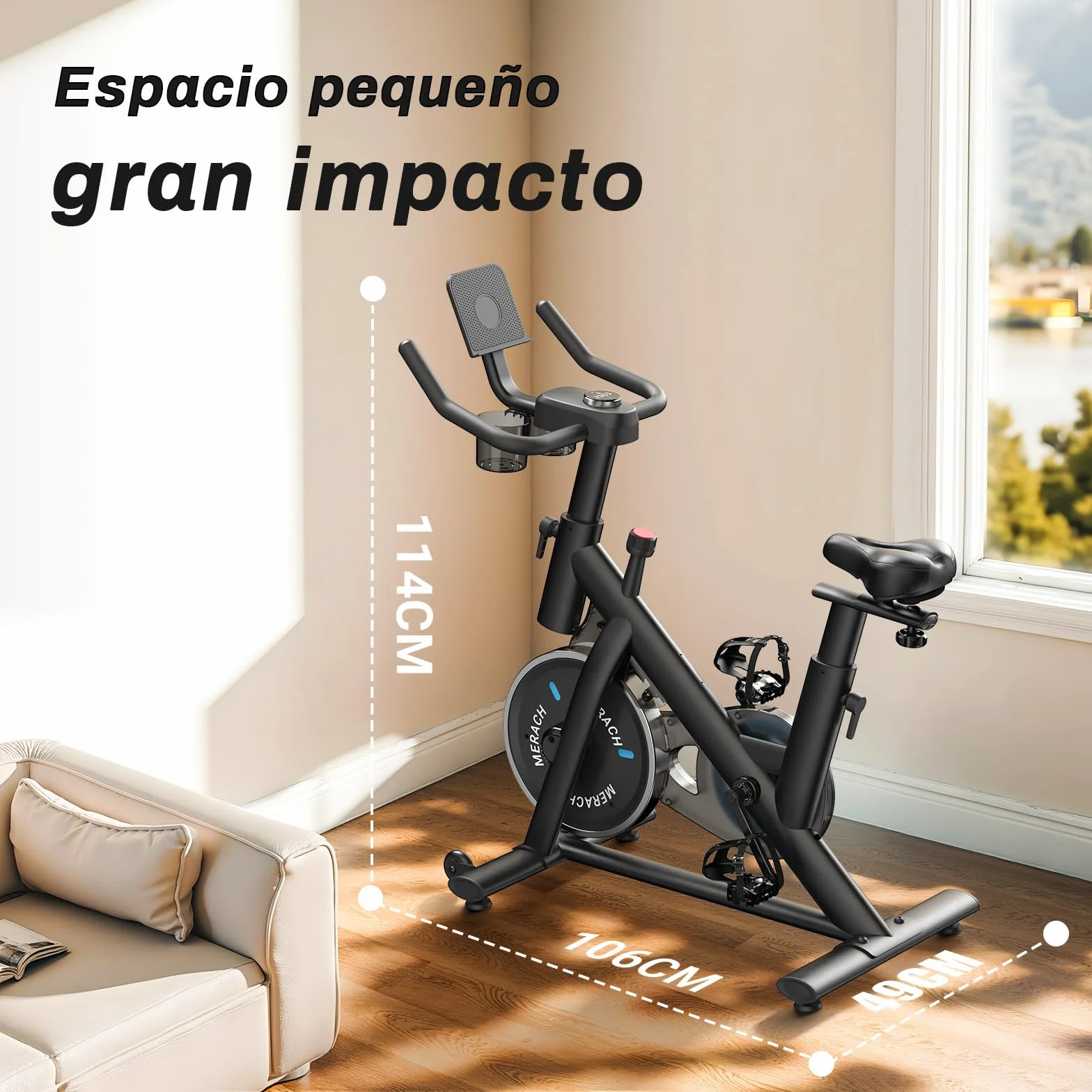 MERACH Bicicleta Estática en Casa con Resistencia Ajustable, Bicicleta Estatica Silenciosa con Monitor LED, Cómodo Cojín de Asiento, App Propia, Capacidad de 136 kg, Entrenamiento Aeróbico