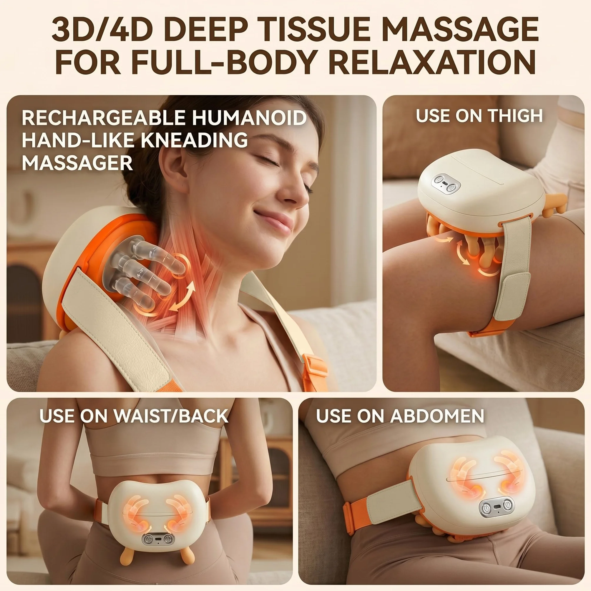 Masajeador de cuello 4D inalámbrico, 3 ajustes de masaje, 2 niveles de calor, batería recargable 1800 mAh