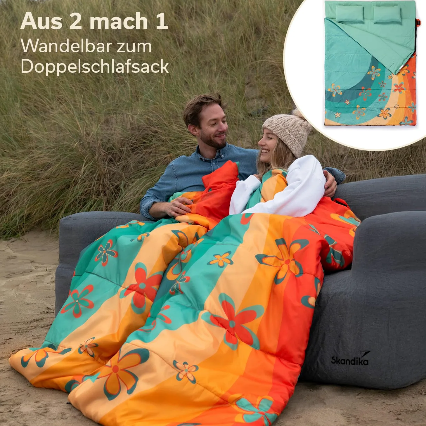 Skandika Sovro Lite 220 | Saco de Dormir Ligero para Adultos, Relleno de 150 g/m², para 3 Estaciones, se Puede Utilizar como Saco de Dormir Doble, con Almohada