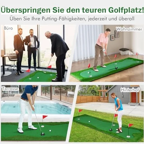 Esterilla de Golf 300 x 100 cm, Césped Artificial, 2 Bolas, 3 Agujeros, Plegable, Entrenamiento