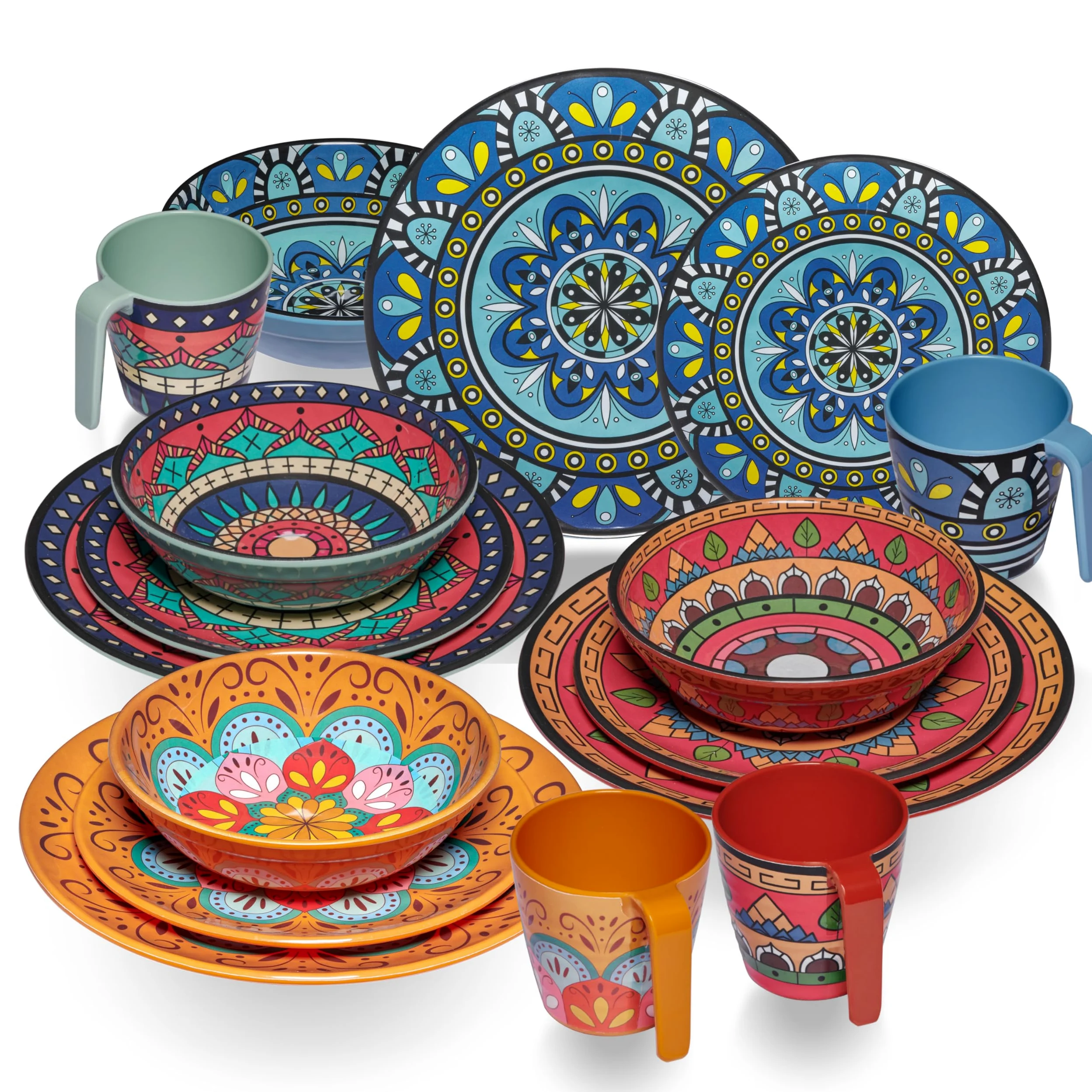 Juego de vajilla de melamina Toscana para 4 personas, multicolor, aspecto mandala, apto para lavavajillas, utensilios de camping, camping, camping, festivales, pícnic, fiesta en el jardín
