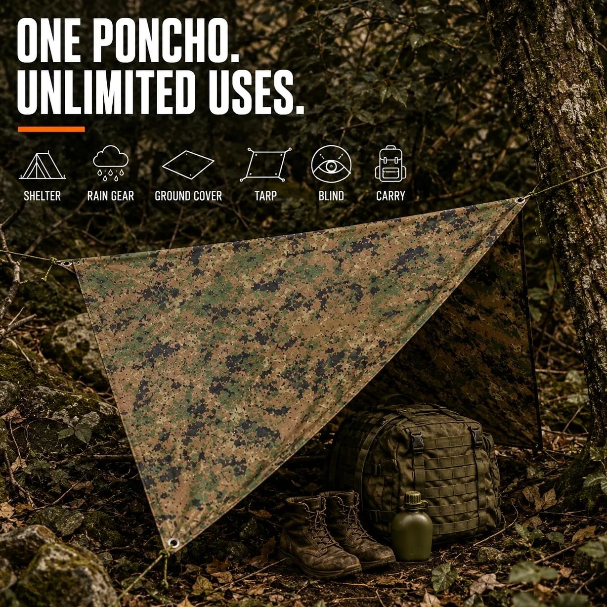USGI Industries - Poncho de estilo militar multiusos, material ripstop (antidesgarro), de camuflaje, para lluvia