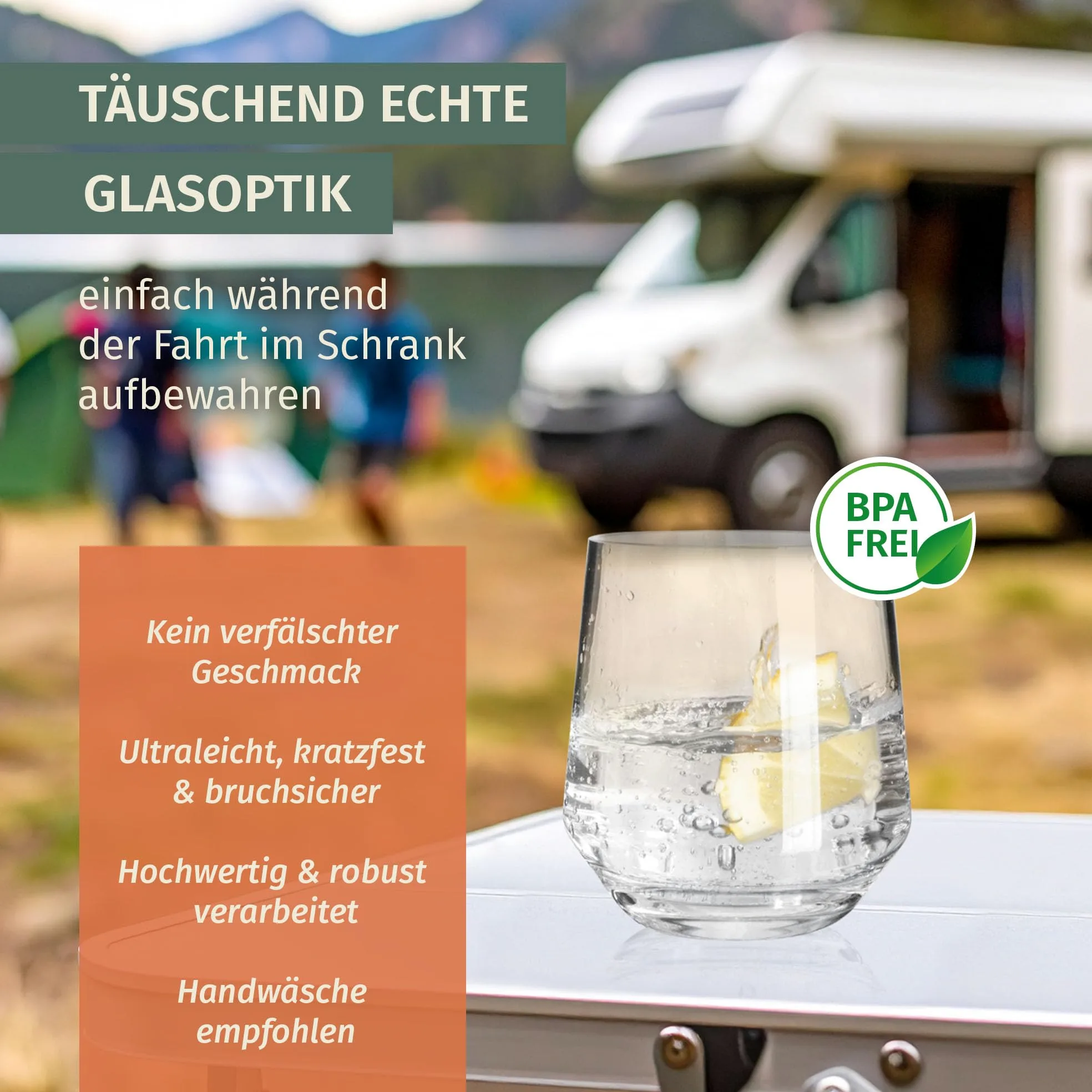 Vajilla de melamina para camping, 4 personas, color verde piedra + 4 vasos Milano vasos de agua, vajilla de pícnic, barbacoa