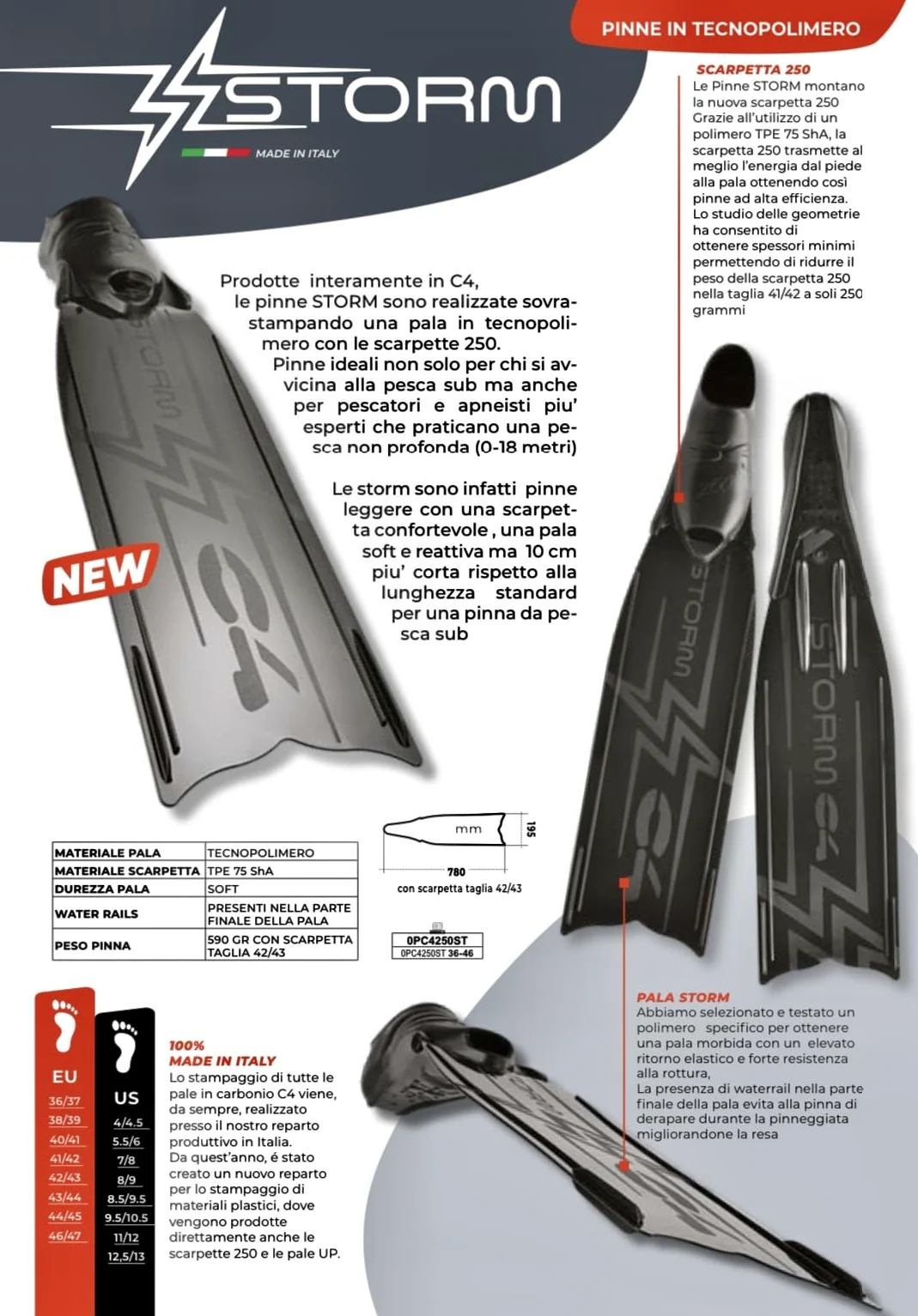 C4 Aletas Storm – Pala Soft de tecnopolímero y zapatilla 250 Apnea para pesca subacuática