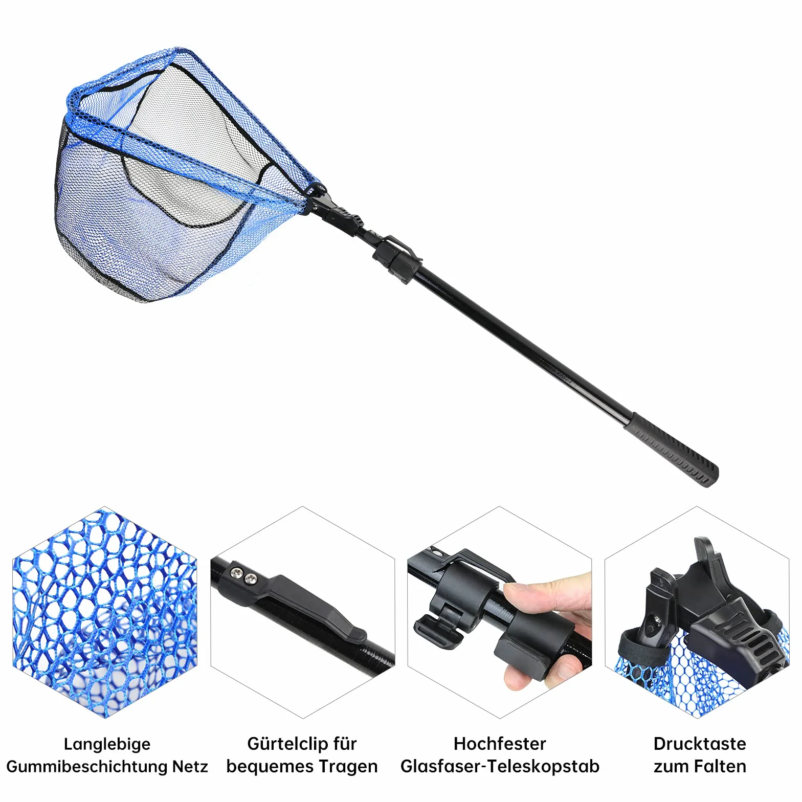 KOMCLUB Red de Pesca Plegable Telescópica 250cm, Red de Nailon Duradera, Redes Recubiertas de Goma, Sacaderas de Pesca Accesorios de Ppesca para Adultos, Azul