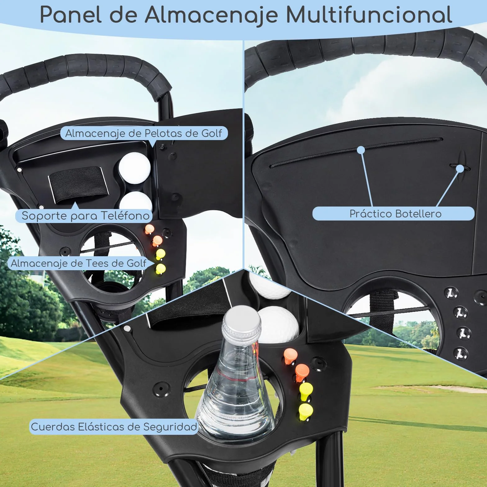 COSTWAY Carrito de Golf 3 Ruedas Plegable Ajustable Aluminio con Paragüero Negro