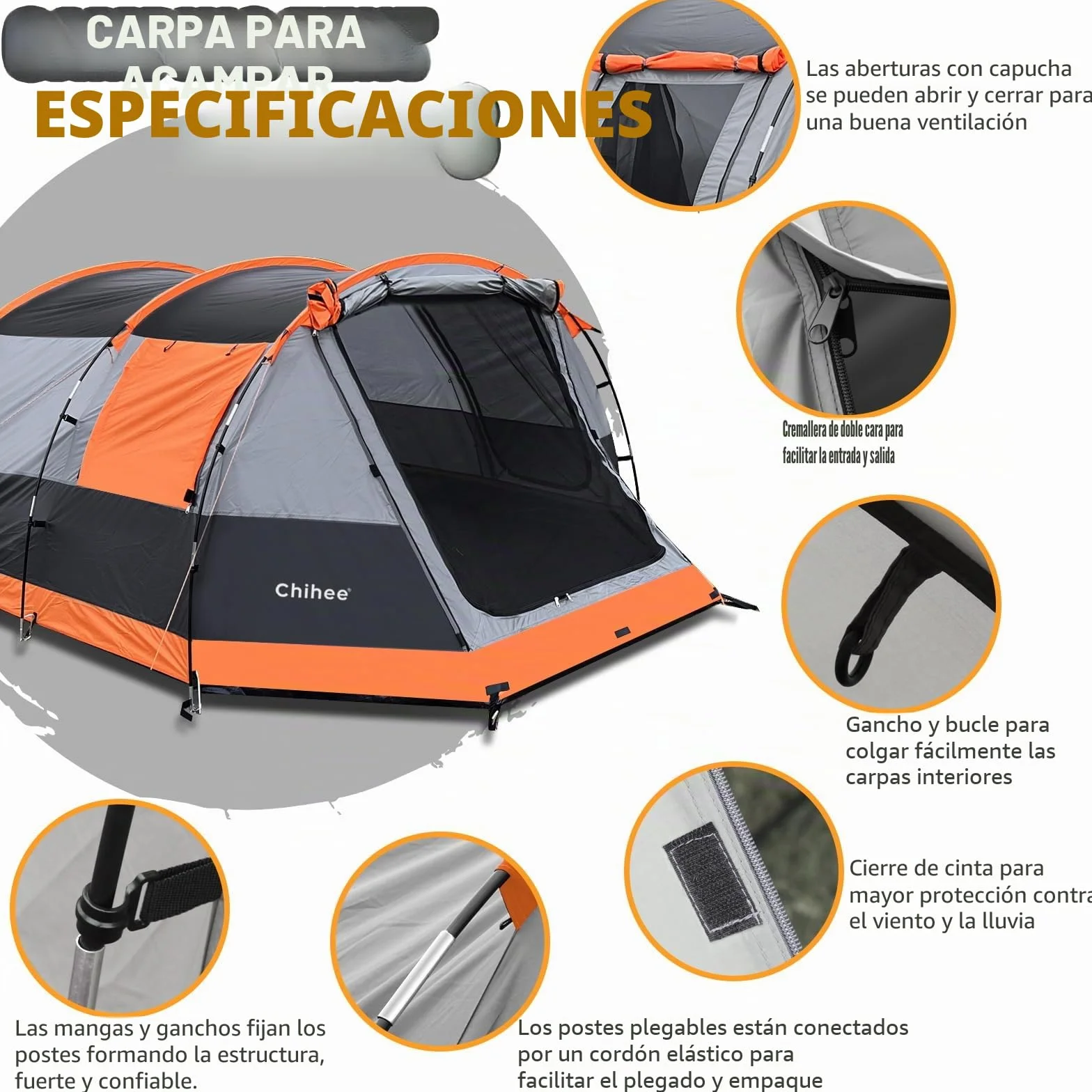 Chihee Tiendas de Camping Tienda Túnel Tienda Familiar 4 Personas con 2 Puertas Tienda de campaña Resistente a la Intemperie Tienda 4 Estaciones Doble Suelo Impermeable Porche con mosquitera Bolsa