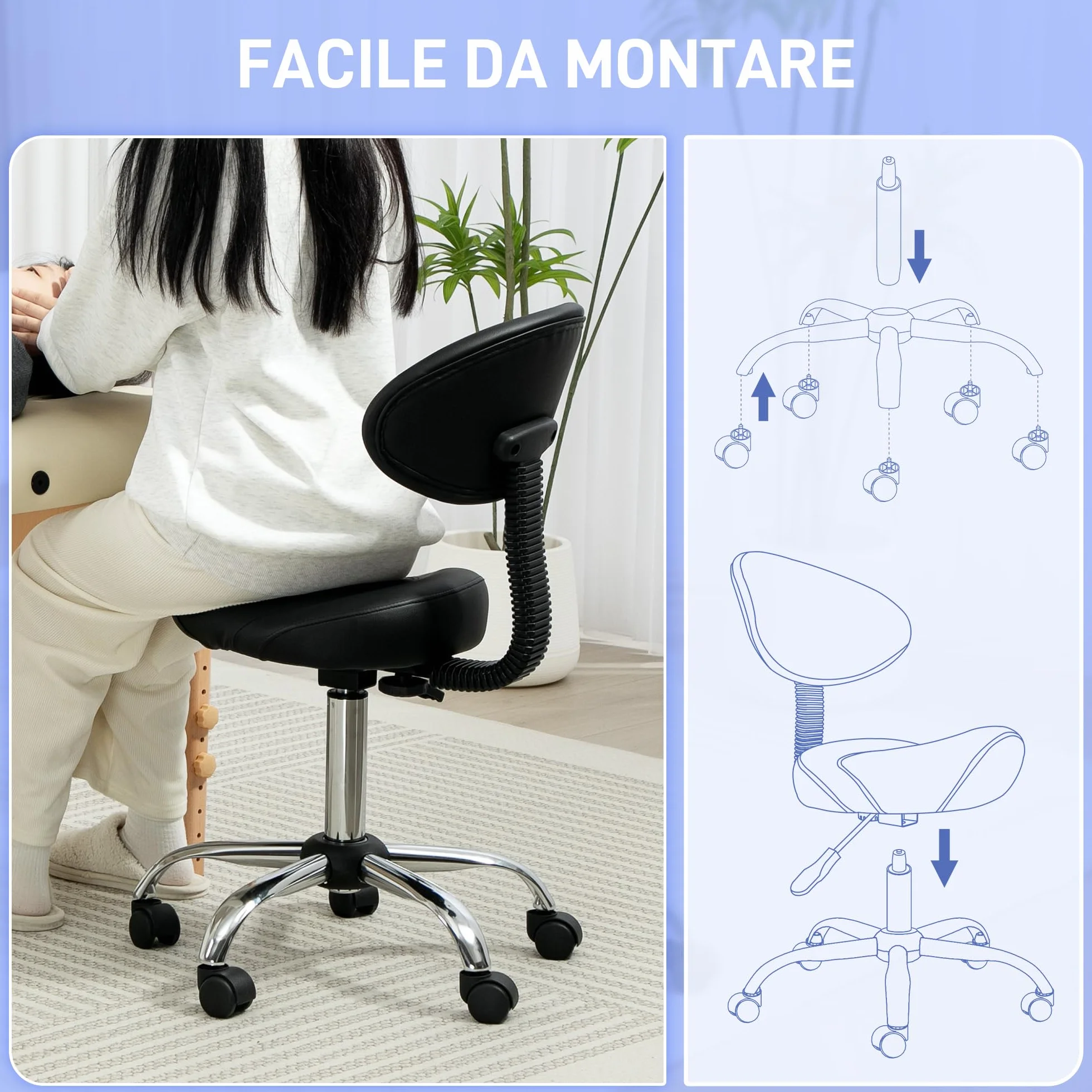 HOMCOM Taburete Giratorio con Ruedas, Respaldo Extraíble, Altura Regulable 83-98 cm, Cuero Sintético, Negro