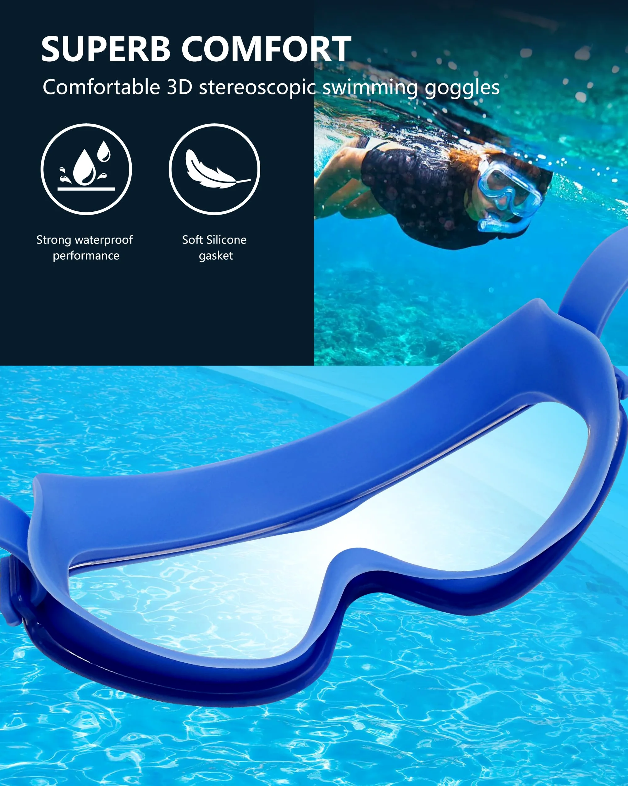 Gafas de natación con revestimiento antivaho, protección UV, paquete de 2 con tapones para los oídos, negro y azul