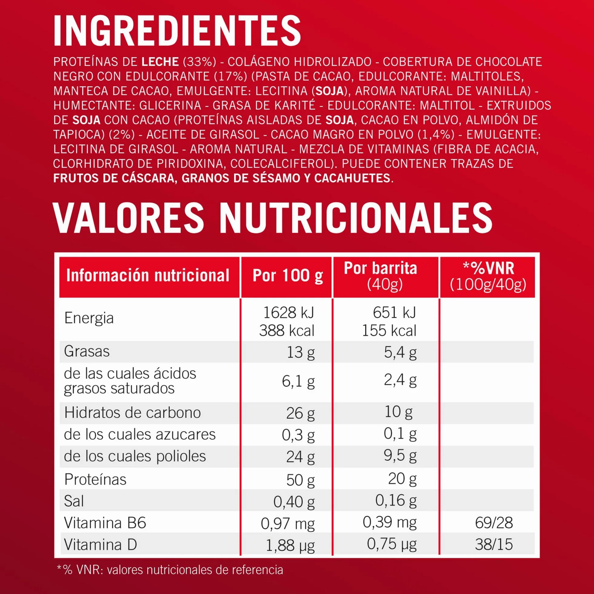Enervit Barrita Proteica 50% Dark Choco 20g Proteínas Baja Azúcar Vitamina D B6 Chocolate Negro 12x40g