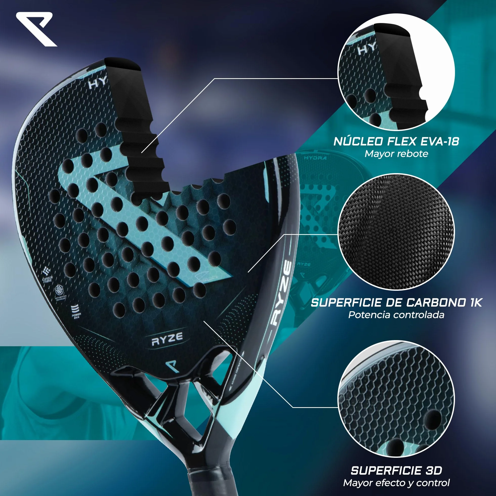 RYZE Hydra Pala de Padel 100% Fibra de Carbono - Máxima Potencia y Control - Raqueta de Padel 365g con Espuma EVA-18 Flex - Unisex Pala de Padel para Hombre y Mujer - Padel Raqueta con Funda Incluido