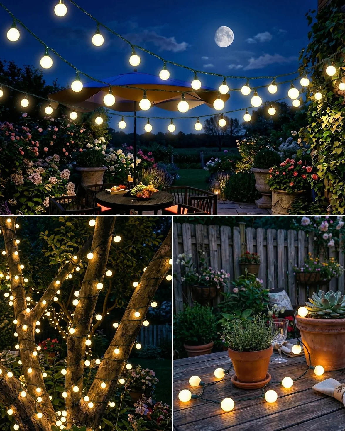 Cadena de luces solares exteriores 14m 120 LED IP65 blanco cálido 8 modos