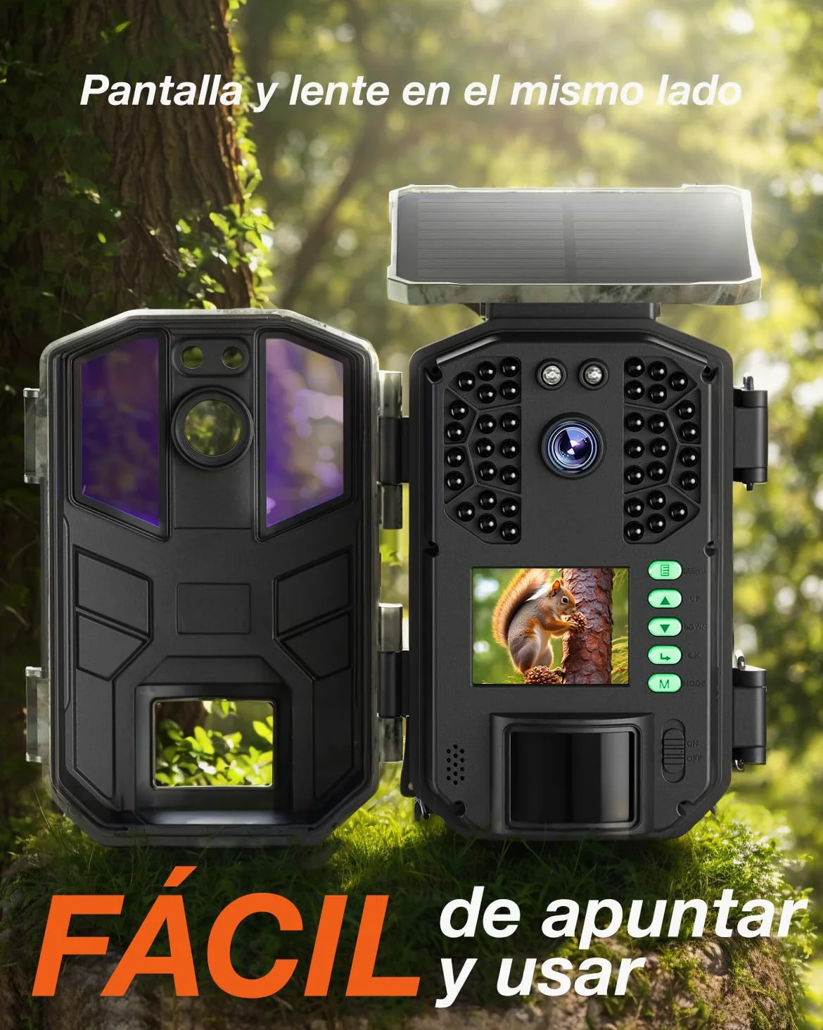 iZEEKER Cámara de Caza Solar, 4K Ultra HD 64MP Camara Fototrampeo con 32GB Micro SD Karte & 5200mAh Batería Recargable, Envio al Movil App y WiFi Bluetooth, Visión Nocturna, IP66 Impermeable
