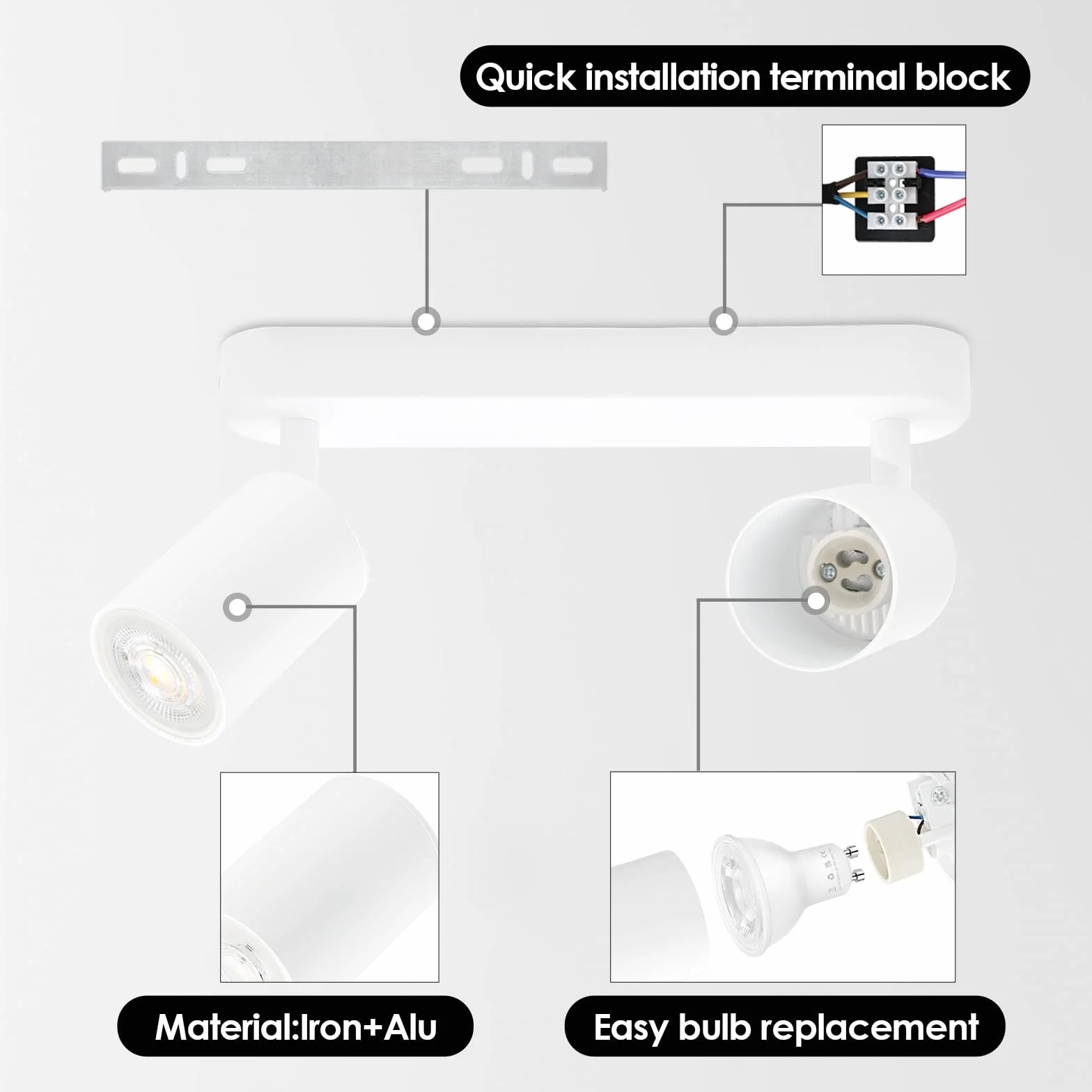 KYOTECH Lámpara de techo LED 5W orientable giratoria GU10 3000K 420LM 2 focos