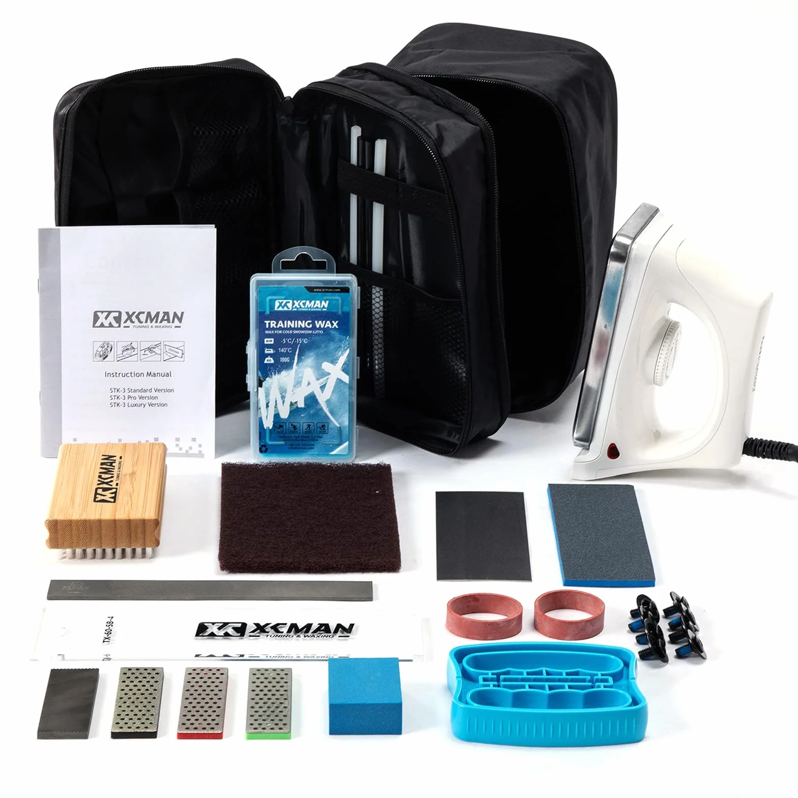 XCMAN Kit Completo de Afinación y Depilación para Esquí y Snowboard con Plancha de Encerar, Cera para Esquí, Afinador de Borde Lateral, Reparación de Base Ptex, Piedra Gomosa, Piedras de Diamante para