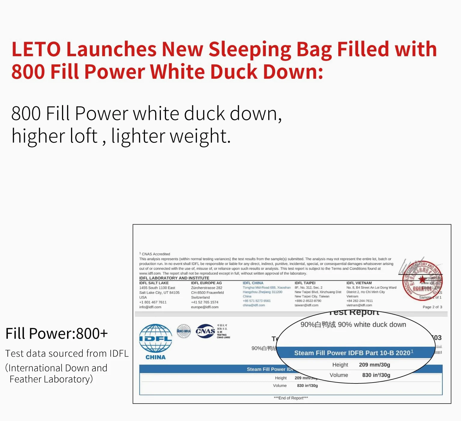 Leto 2025-M/L Series 800FP - Saco de Dormir Ultraligero para Acampar al Aire Libre