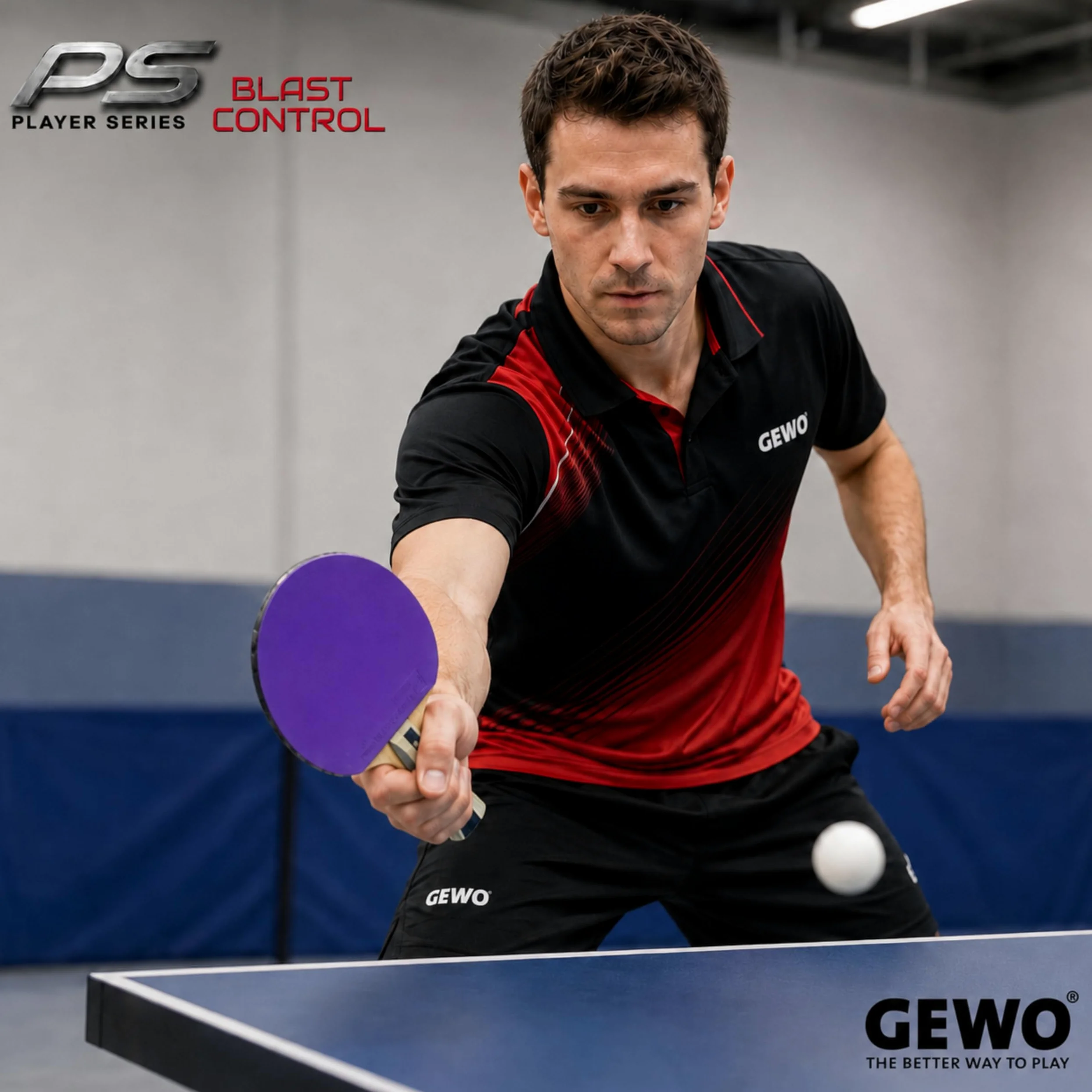 GEWO PS Blast Control - Raqueta de Ping Pong de Mesa Profesional aprobada por la ITTF con Revestimiento Thunderball 2 controlado y Altas propiedades de rotación, cóncava, Esponja de 1,8 mm