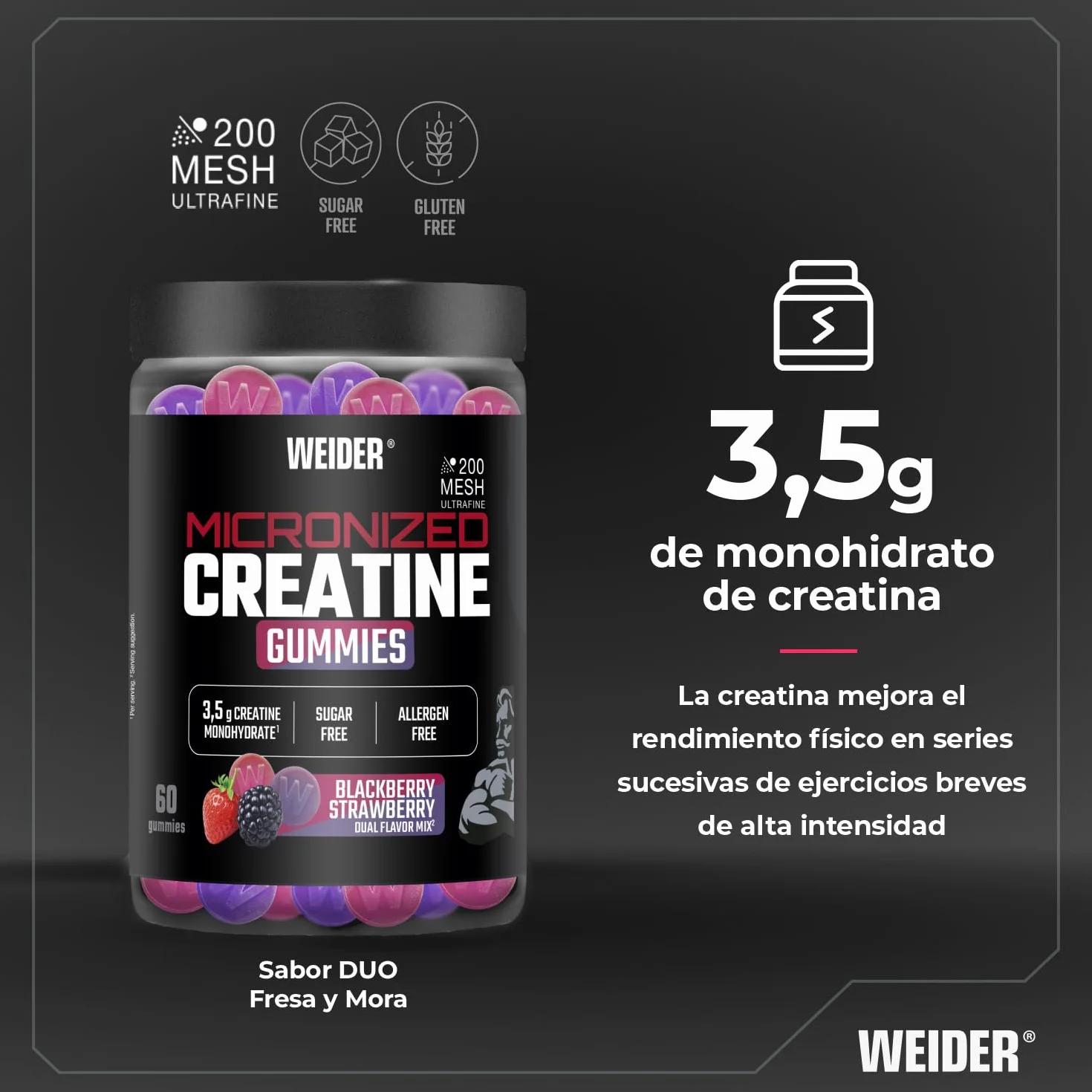 Weider Micronized Creatine Gummies 60 gominolas Sabor DUO Fresa-Mora 3,5g creatina monohidrato 200 MESH porción 20 porciones
