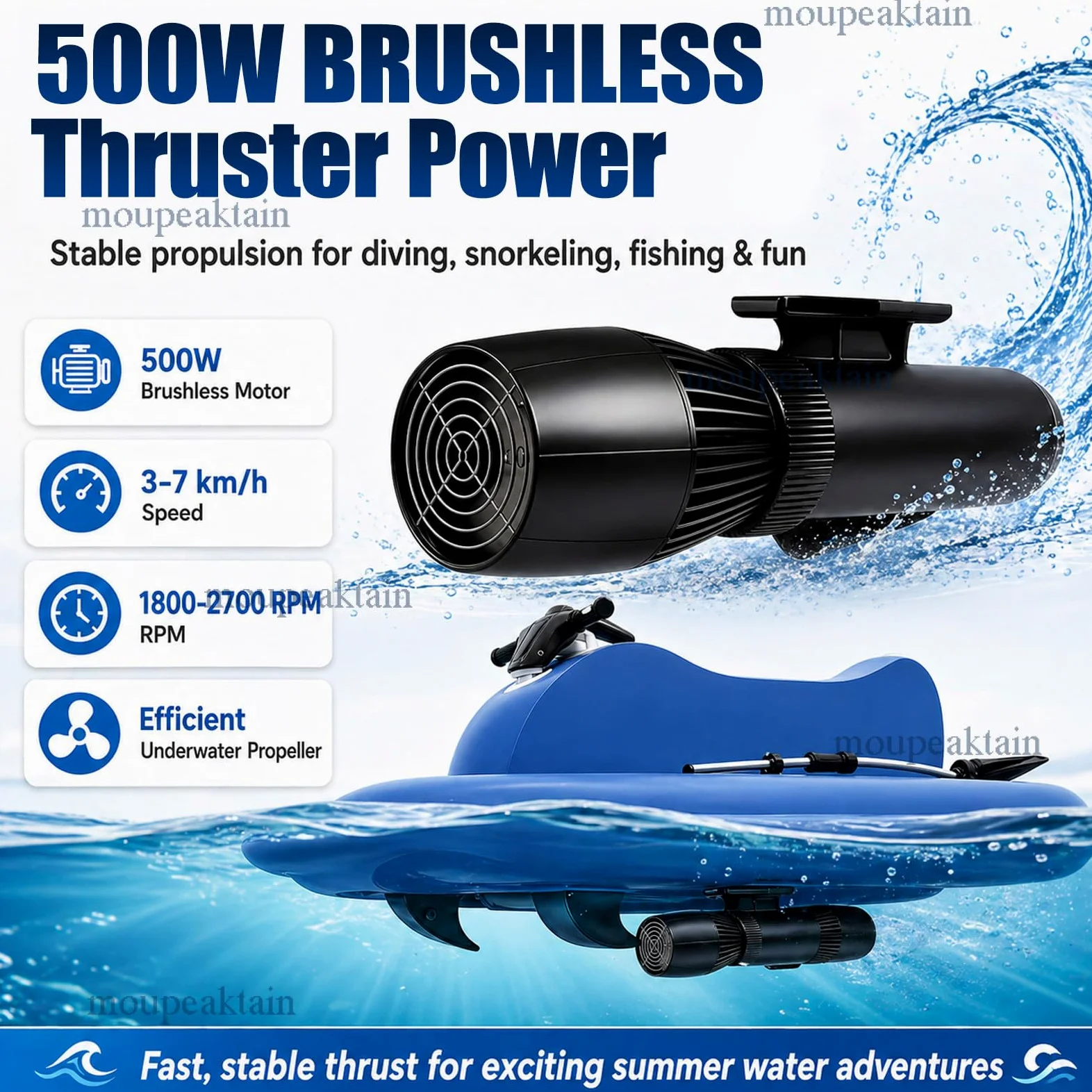 Barca Hinchable 2 Personas con Motor, Jet Ski & Scooter Submarino 500W/700W con Marcha Atrás, Velocidad 3–9 km/h, Motos Electricas Adultos, Ideal para Lago, Mar y Snorkel 16A